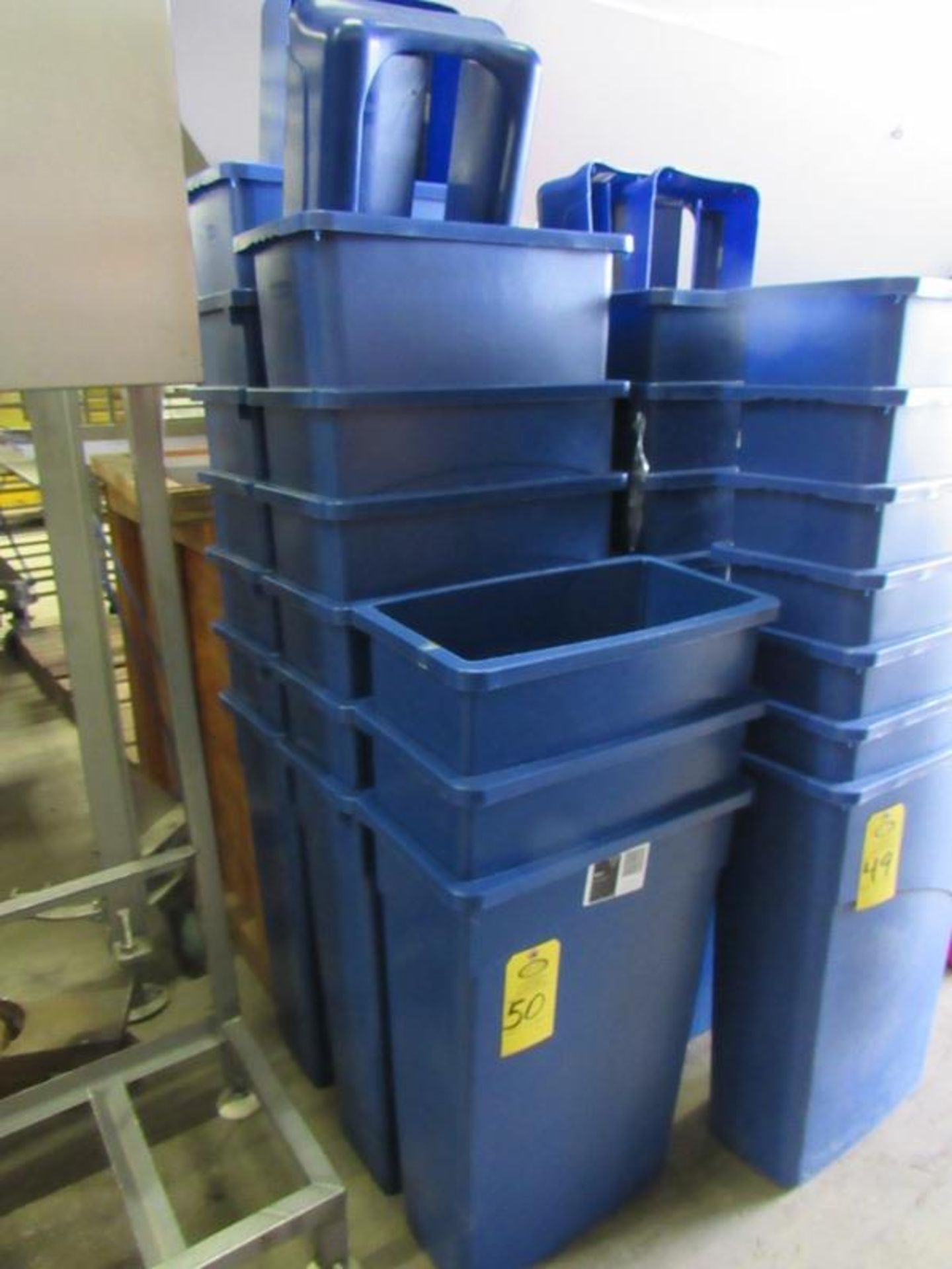 Lot of (16) Plastic Blue Trash Cans, 9" W X 18" L X 22" D (Late Pickup Only - March 24th to March