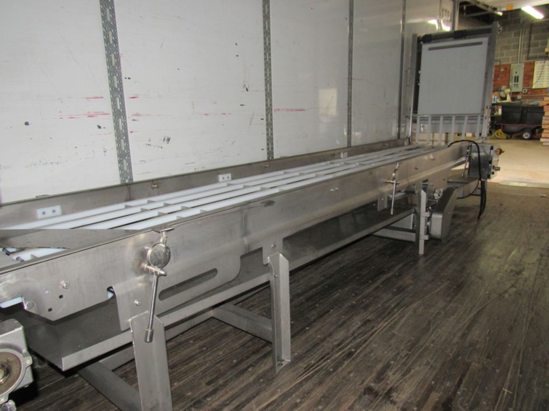 Stainless Steel Conveyor, 33" W X 22' L, (no belt) 4" long raises, stainless steel drip pan, 220 - Image 8 of 8