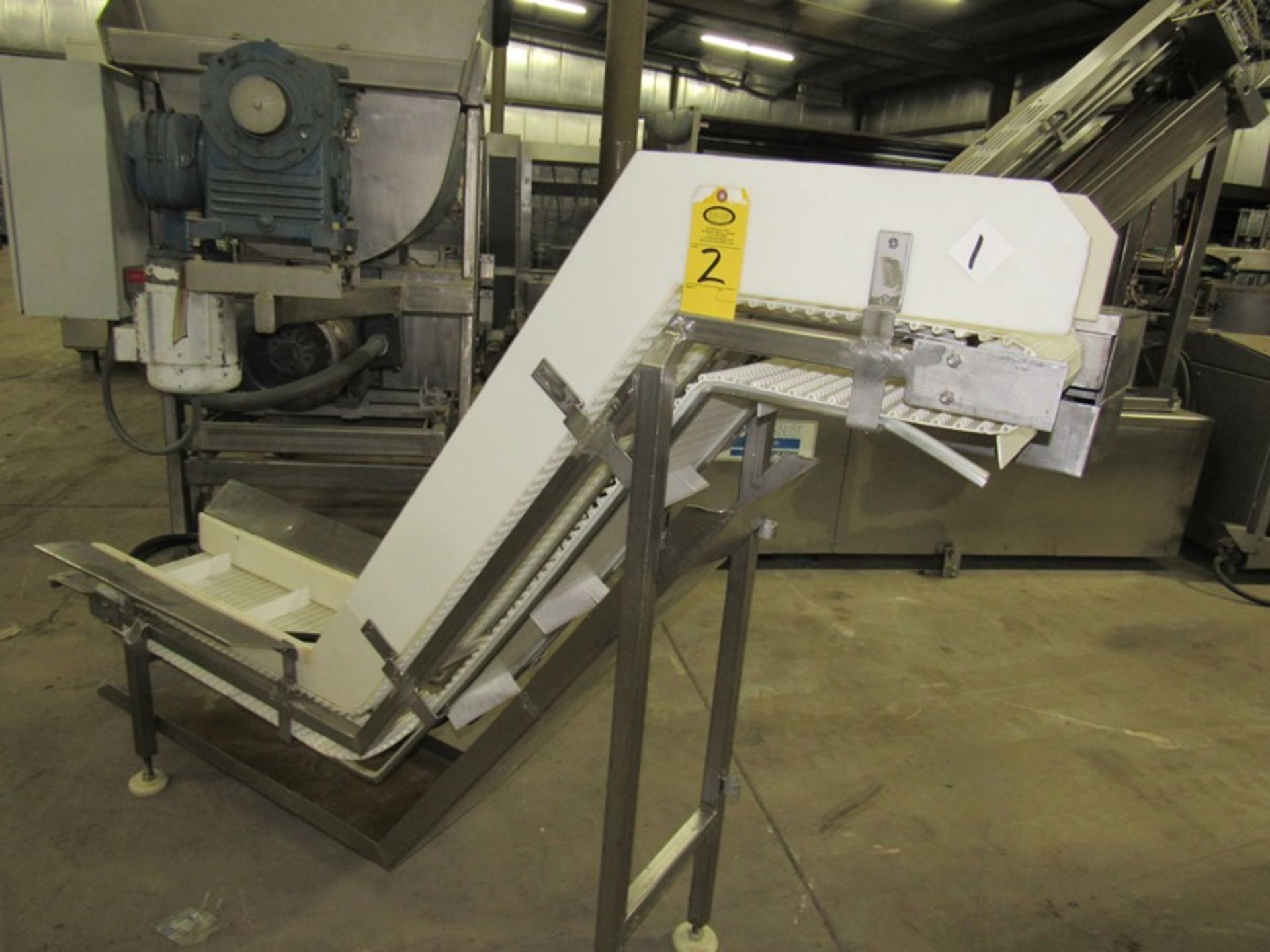 Stainless Steel Incline Conveyor, 12" W X 7' L flighted belt, 2" H flights, 12" spacing, 19" infeed,