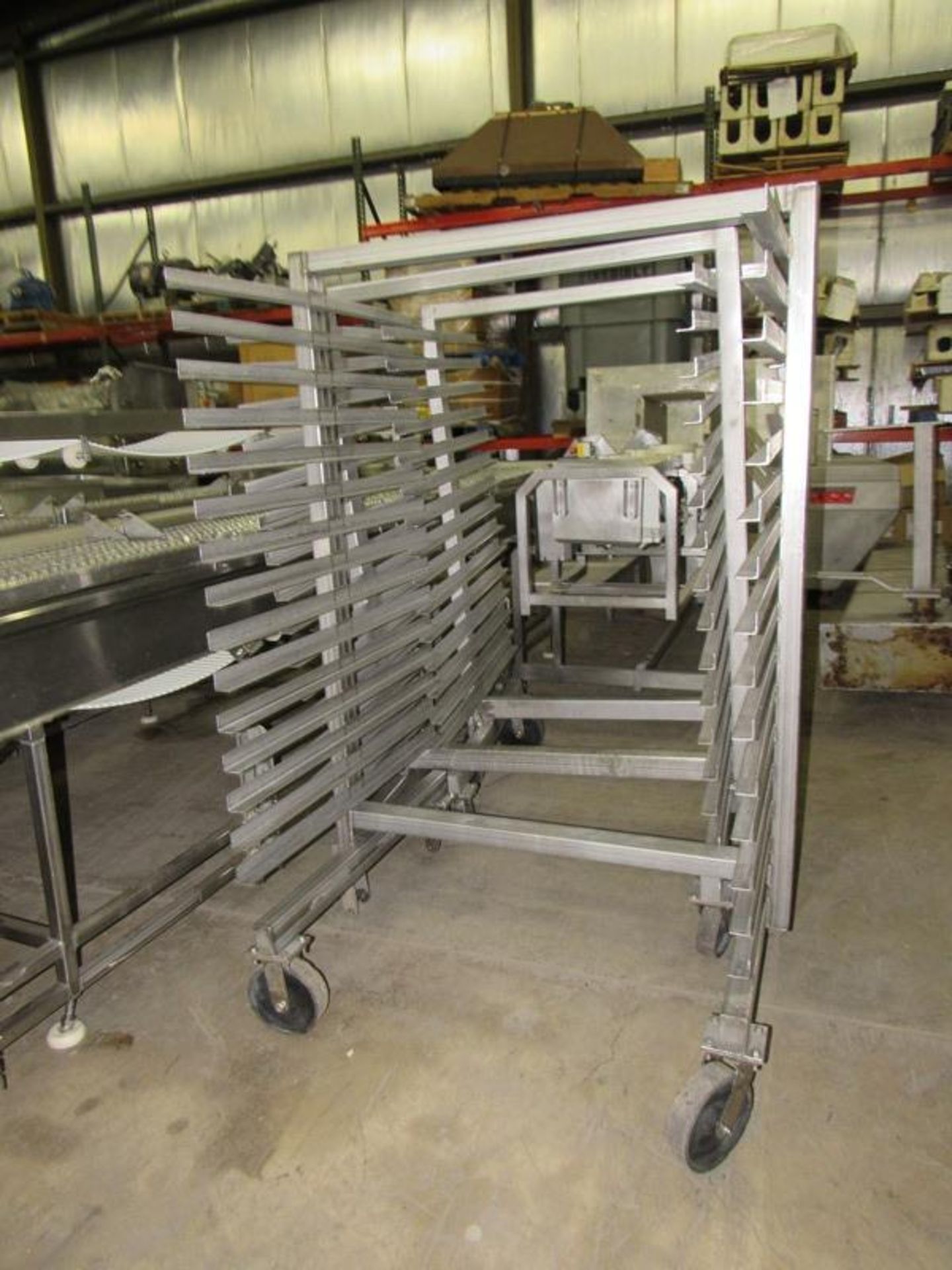 Lot of (4) Stainless Steel Portable Nesting Smoke Trucks, 42" W X 43" L, 15 spaces, 3 1/2" apart, (