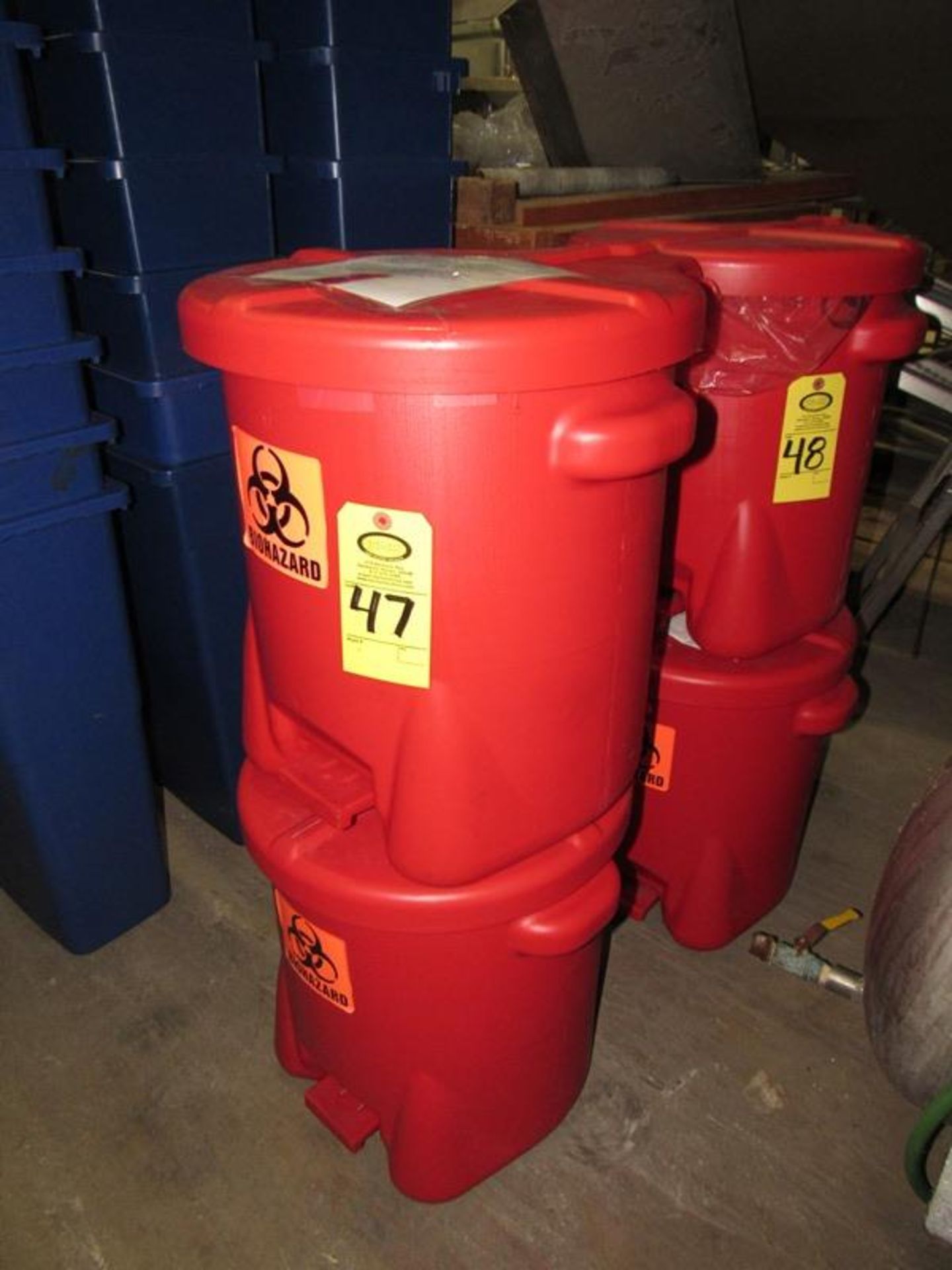 Lot of (2) Plastic Trash Cans Labeled "Bio Hazard", 16" Dia. X 20" D with foot activation (Late