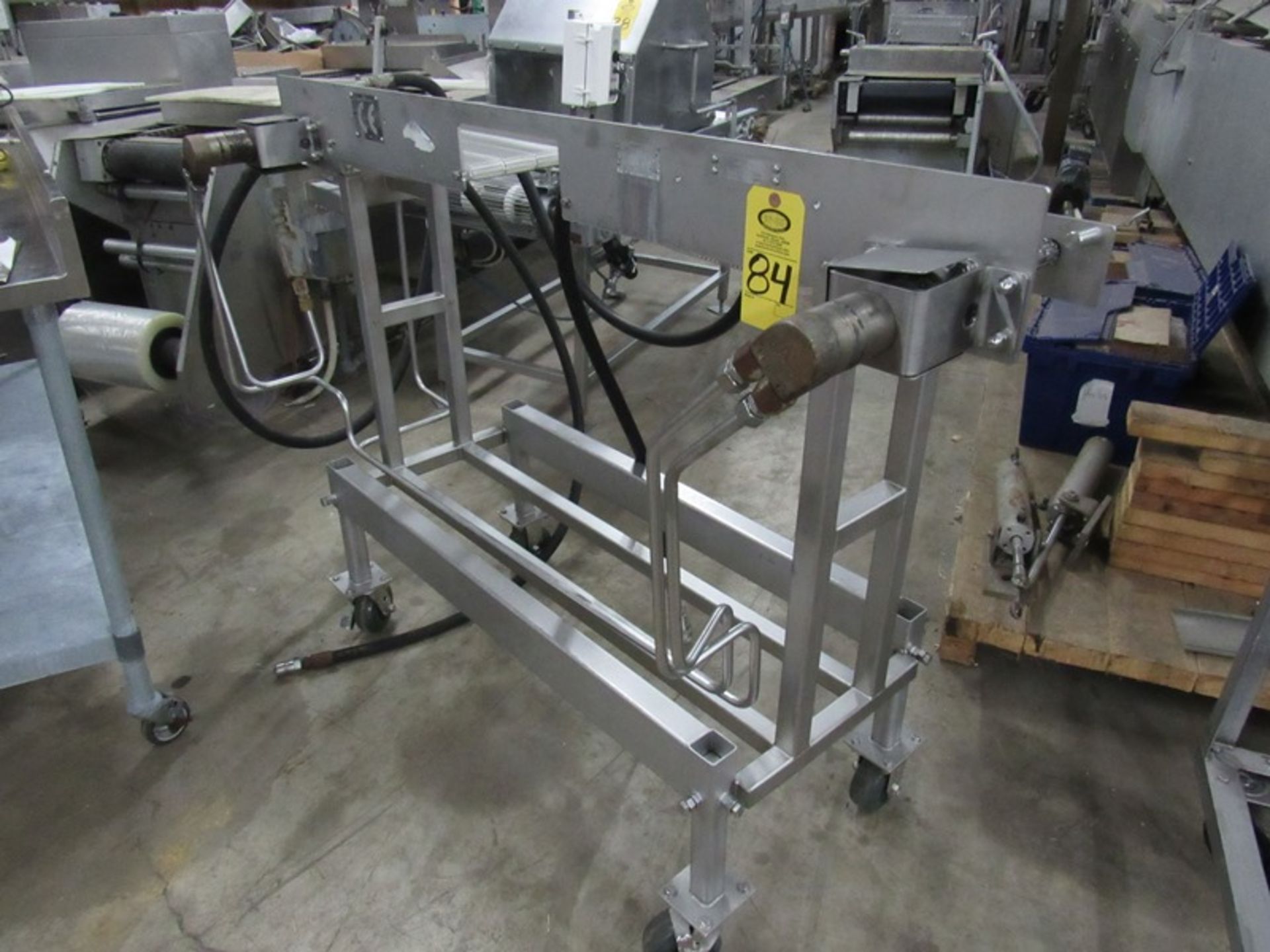 JBT Stainless Steel Conveyor, Ser. #120, 8" W X 5' L split belt, 10" between belts, hydraulic drive