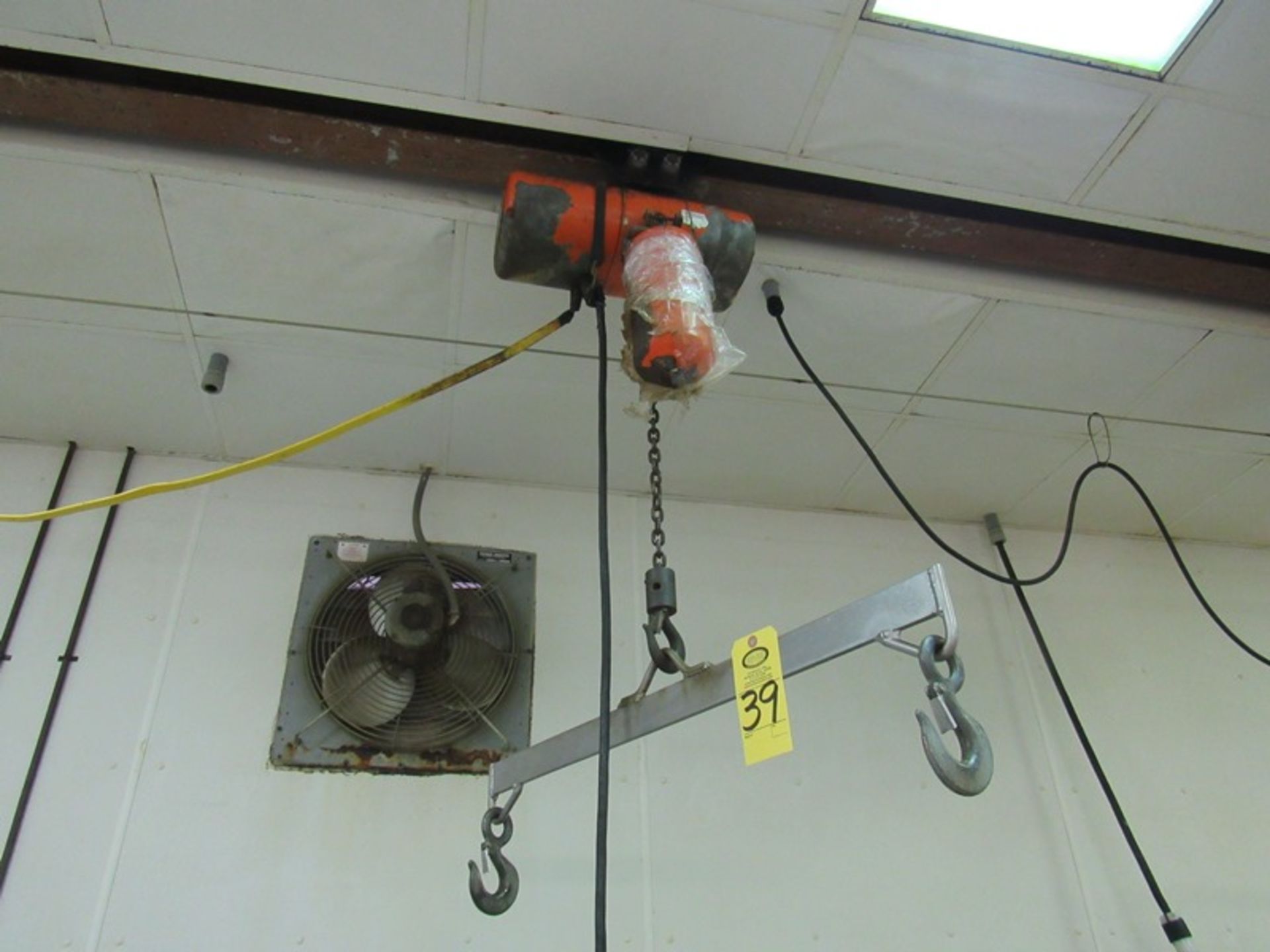 CM Loadster Hoist, 1/2 ton with controls, 36" wide stainless steel attachment, used for dump vats (