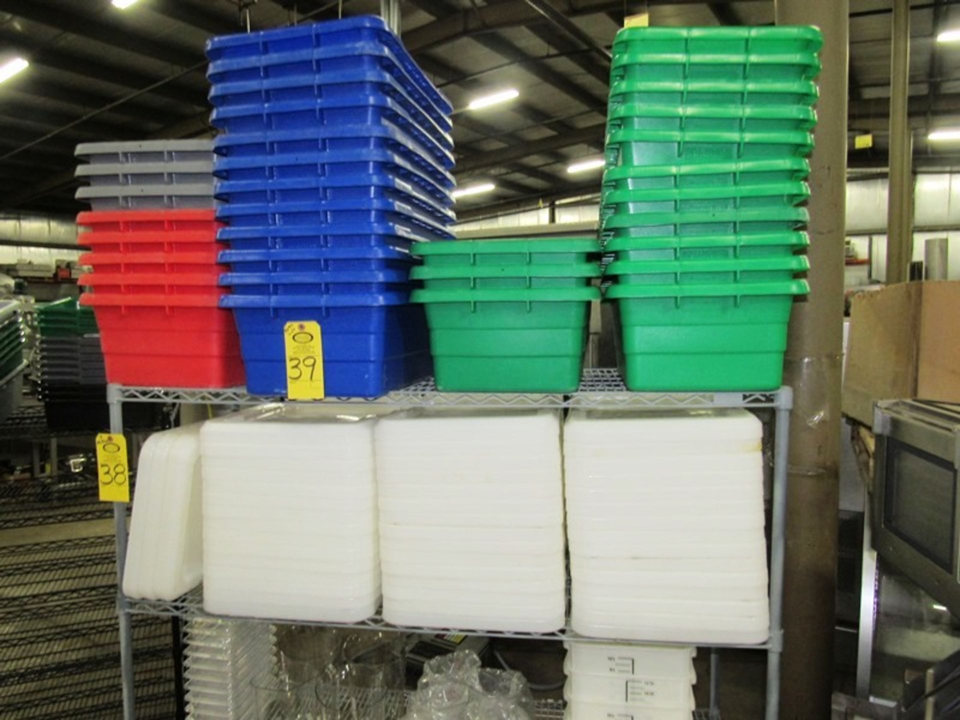 Lot of Green/Blue/Red Plastic Totes, (34) 12" W X 24" L X 8" D, with (48) Lids, (4) Totes & (7) Lids