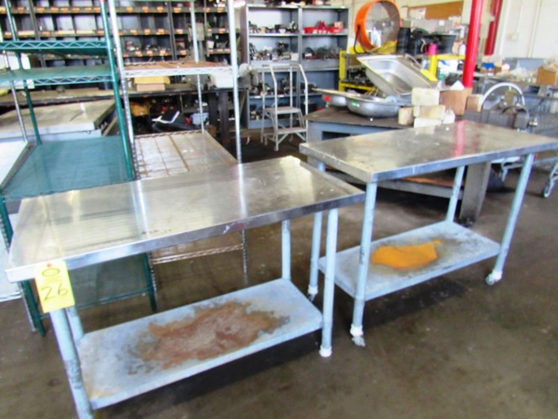 Lot of Portable Stainless Steel Tables, (1) 30" W X 4' L X 35" T, mild steel legs (1) 24" W X 4' L X