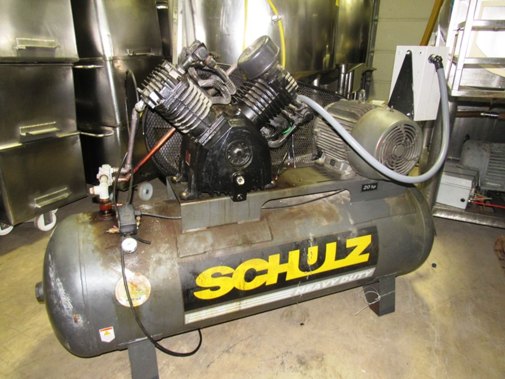 Schulz Mdl. 80BR 2 Stage Air Compressor, 15 h.p., 208/230/460 volts, 3 phase, on holding tank