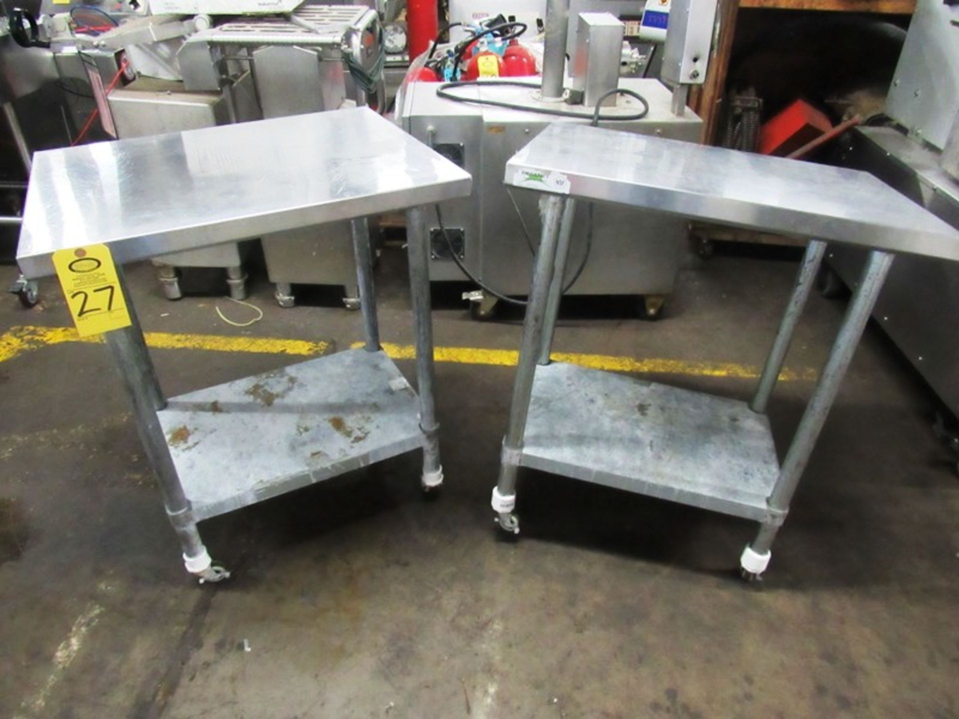 Lot of Stainless Steel Tables (2) 24" W X 30" L X 36" T, mild steel legs & shelf, (1) missing wheel