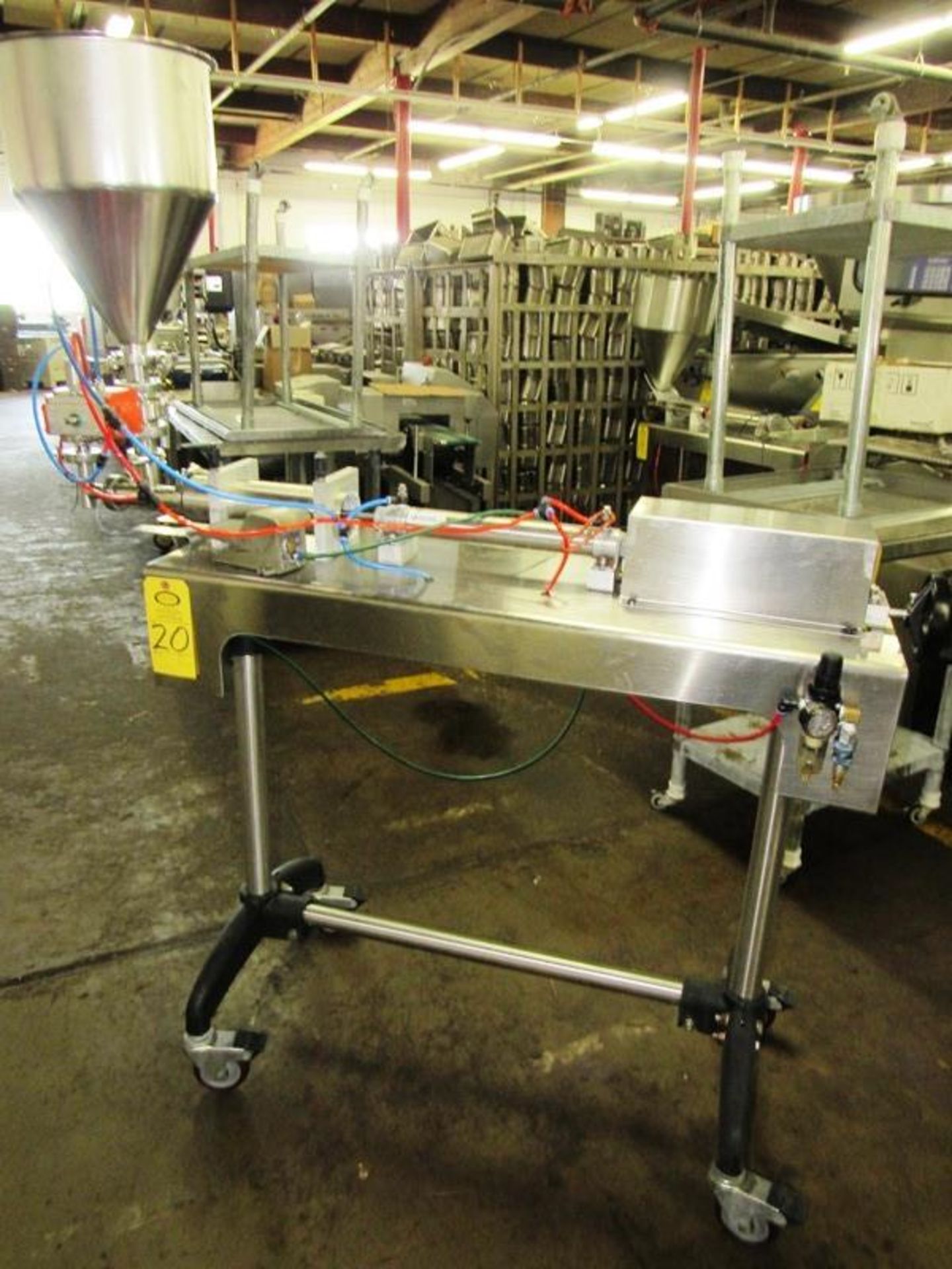 Accutek Stainless Steel Piston Filler, 13" Dia. X 18" D hopper, 12" stroke on cylinder, foot pedal