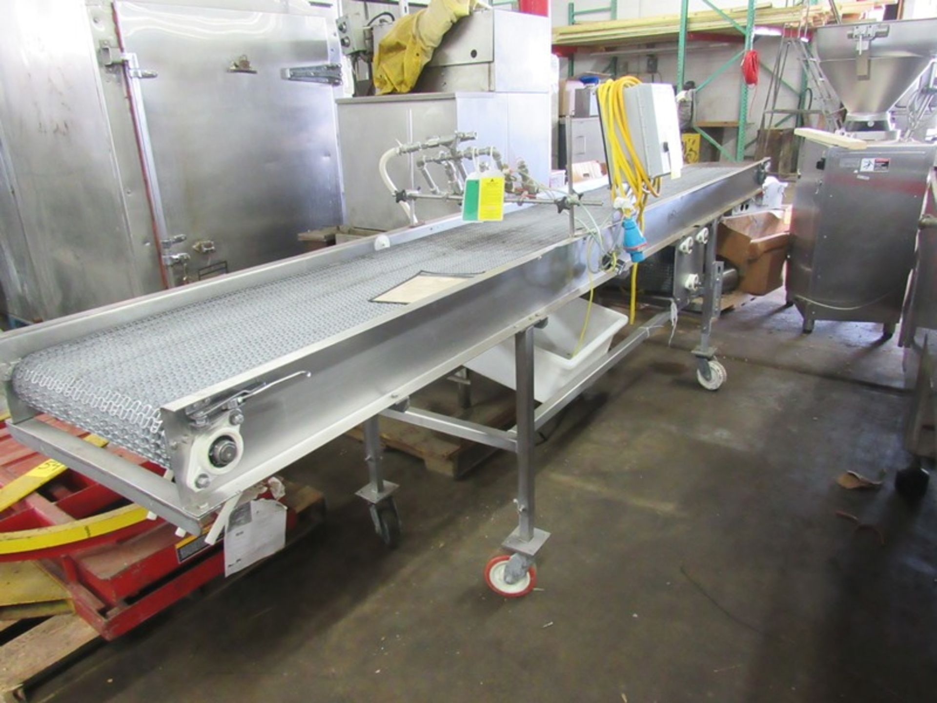 Portable Conveyor, 20" W X 150" L stainless steel belt with EcoCave sanitizing spray bar with 3