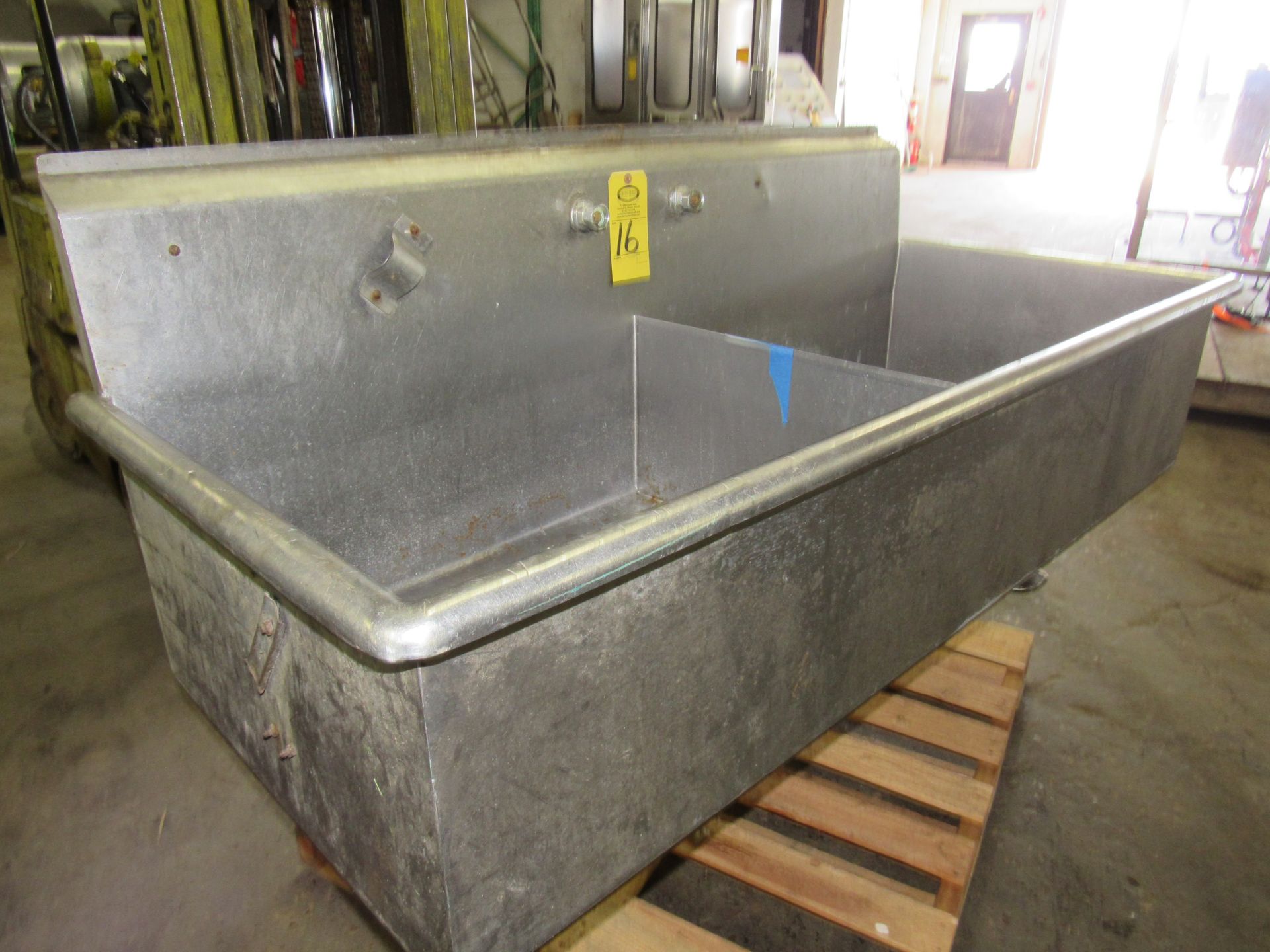 Stainless Steel Sink, 25" W X 62" L, (2) tubs 31" L X 25" W X 13" D, space for (2) faucets, no legs - Image 3 of 3