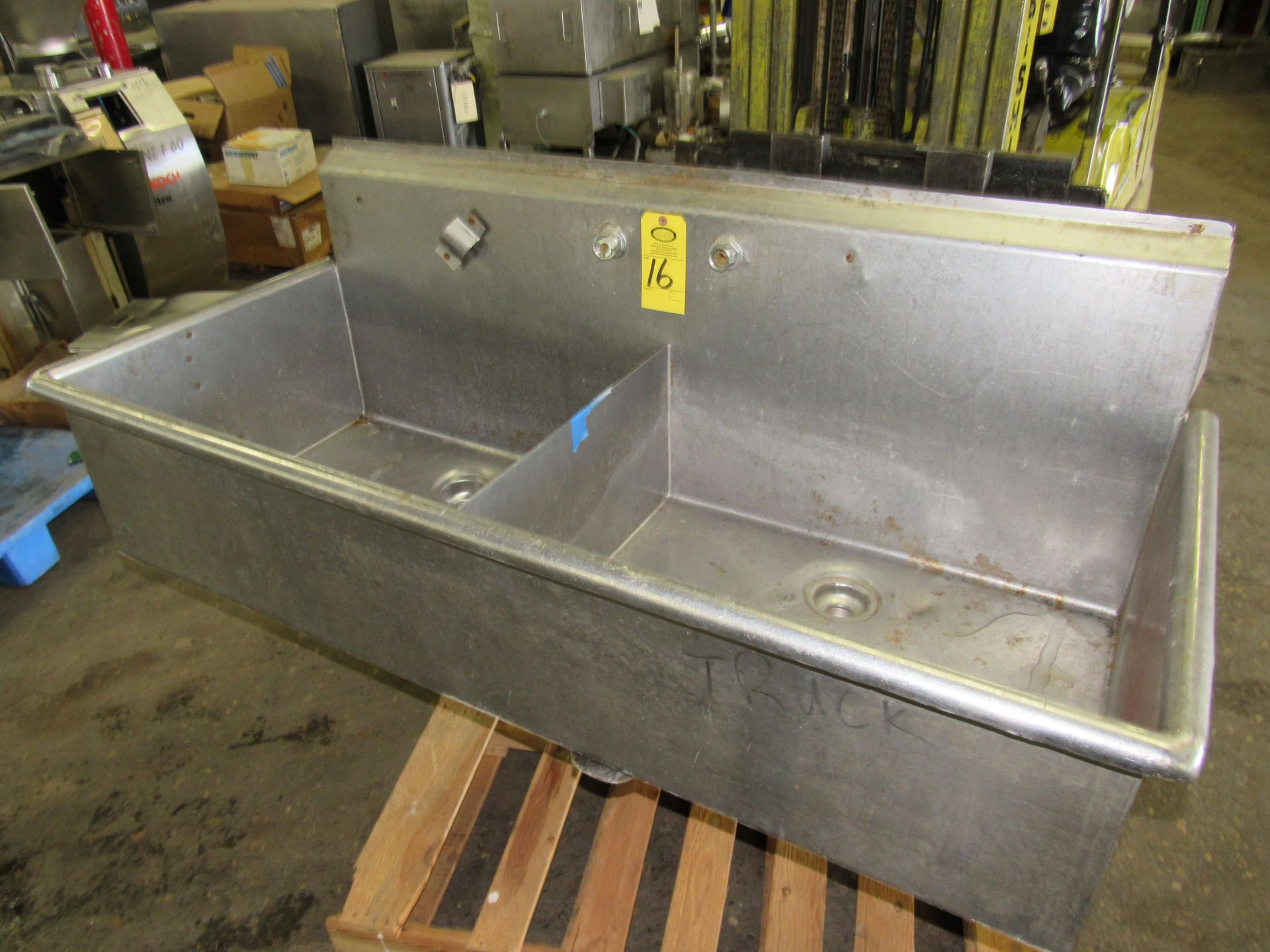 Stainless Steel Sink, 25" W X 62" L, (2) tubs 31" L X 25" W X 13" D, space for (2) faucets, no legs