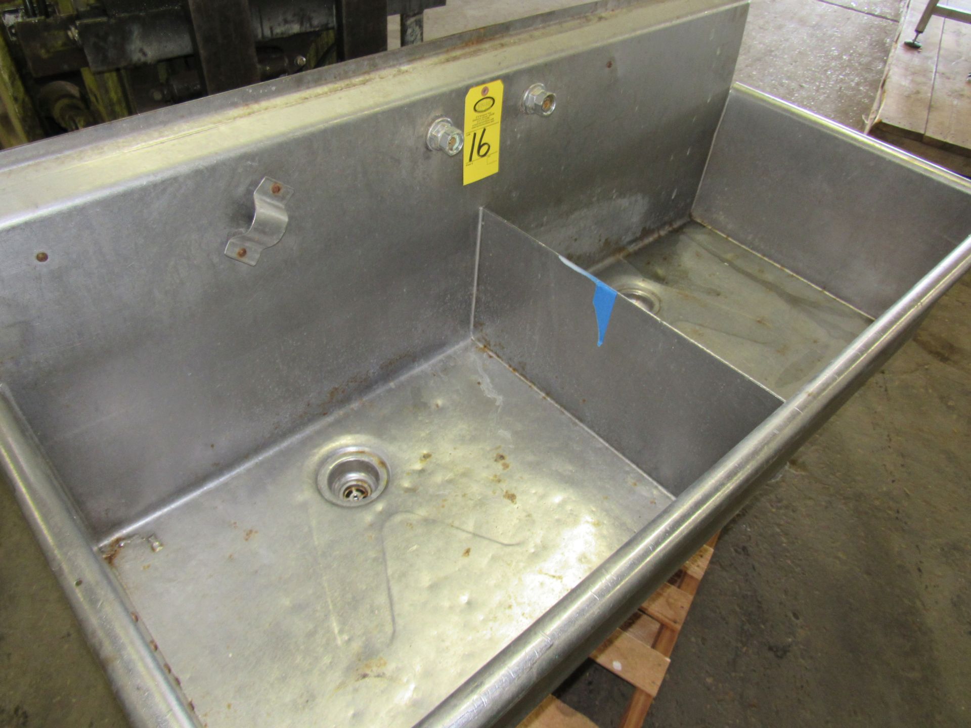 Stainless Steel Sink, 25" W X 62" L, (2) tubs 31" L X 25" W X 13" D, space for (2) faucets, no legs - Image 2 of 3