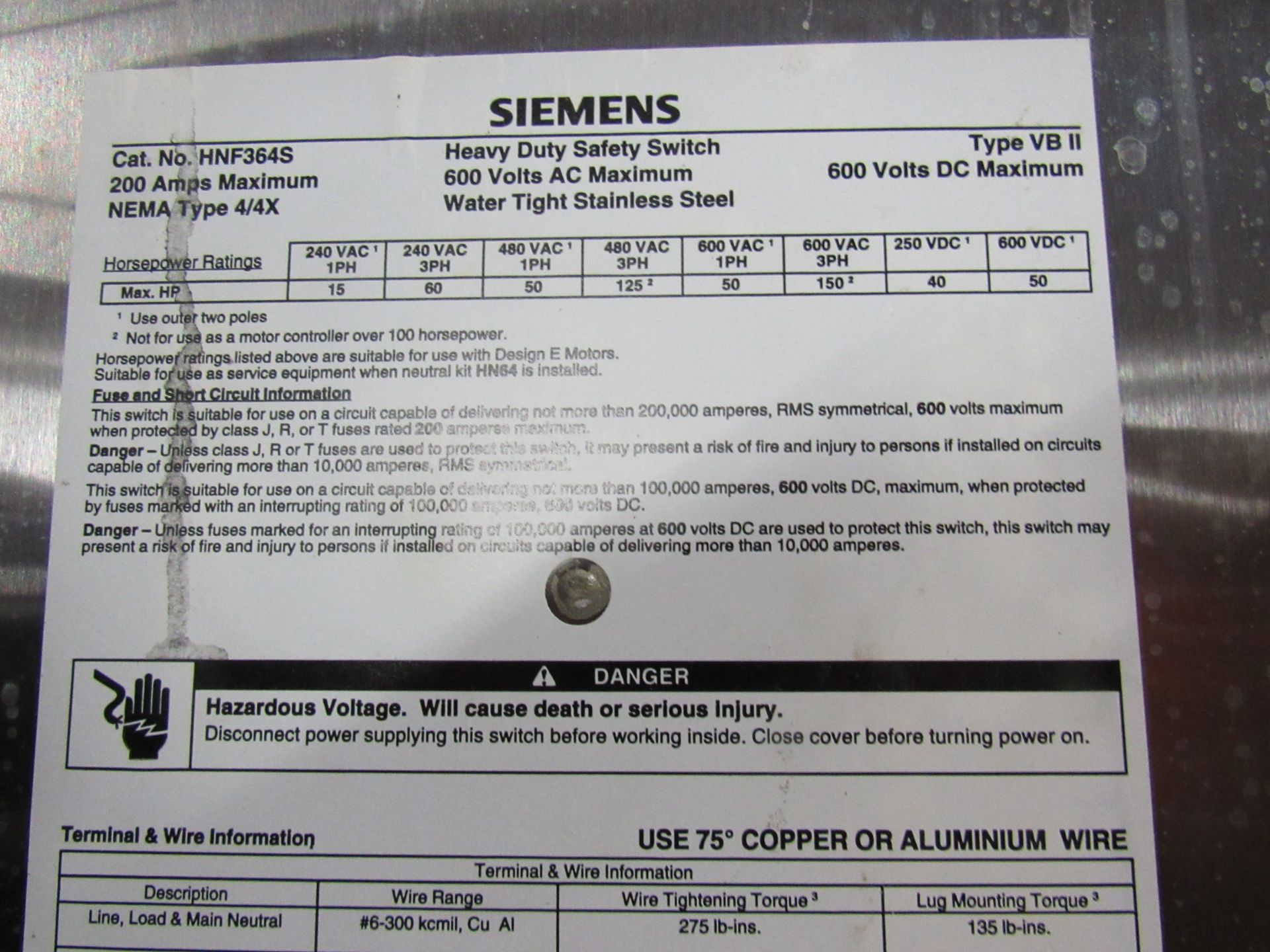 Siemens Stainless Steel Heavy Duty Safety Switch, Type VBII, 600 Volts AC maximum, 200 amps maximum, - Image 4 of 4