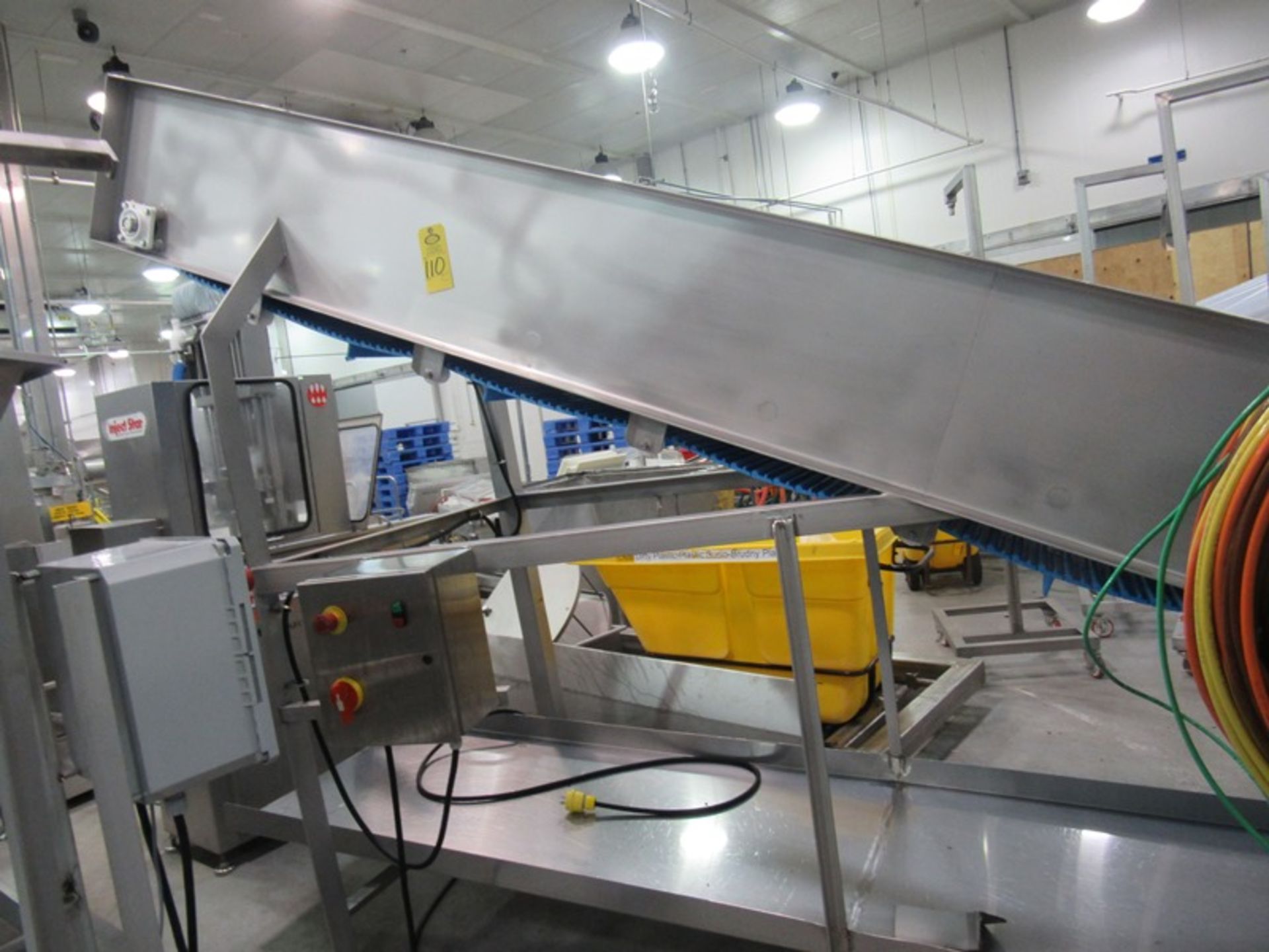 Stainless Steel Frozen Block Conveyor, 24" W X 17' L plastic flighted belt, 2" high flights spaced