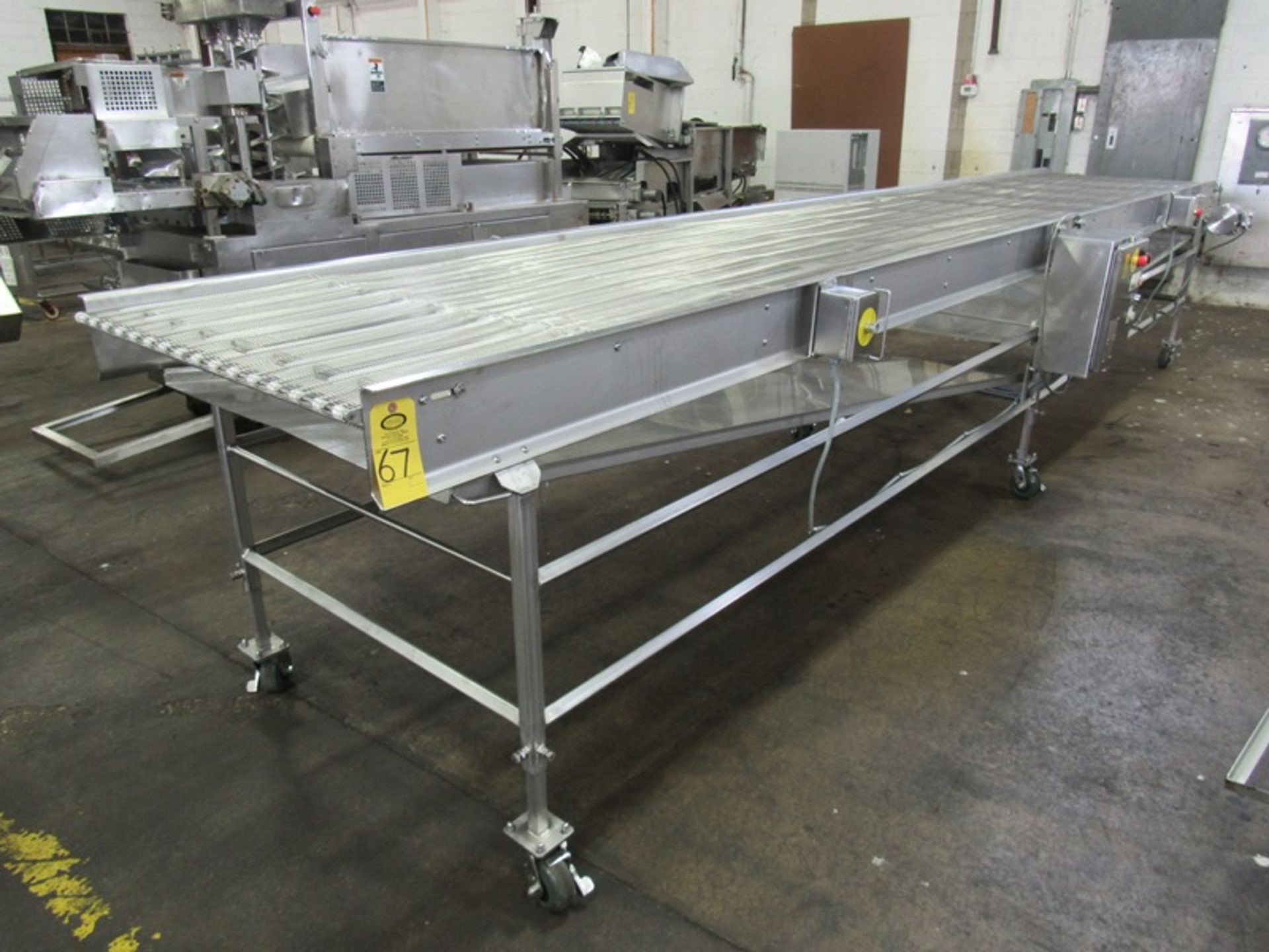 Portable Stainless Steel Conveyor, 40" W X 21' L, stainless steel ladder chain belt with drip pan,