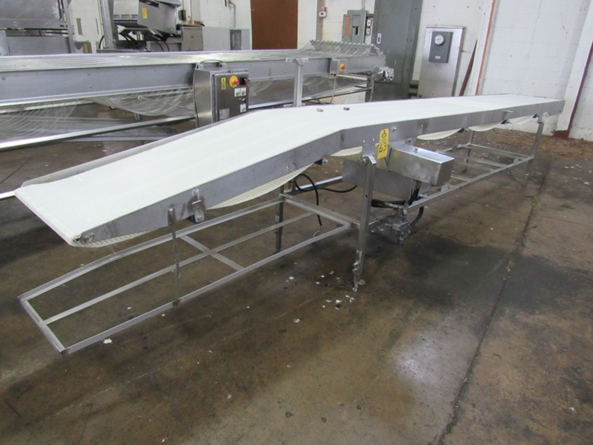 Stainless Steel Conveyor, 24" W X 18' L plastic belt, hydraulic operation (Located in Plano, IL -