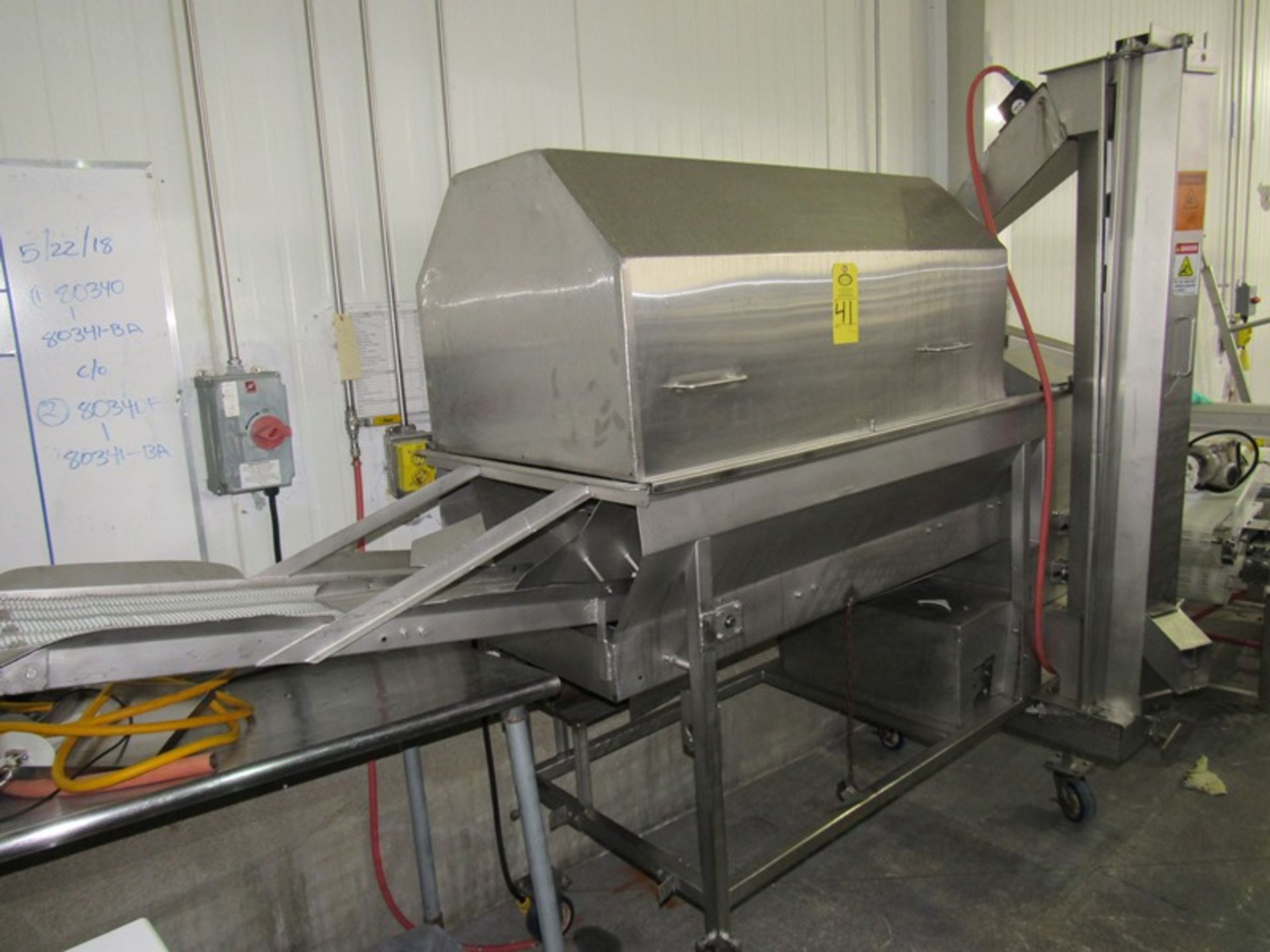 Portable Stainless Steel Drum Breader, 4' L infeed conveyor, 2' Dia. X 4' L drum, 64" T auger, 4'