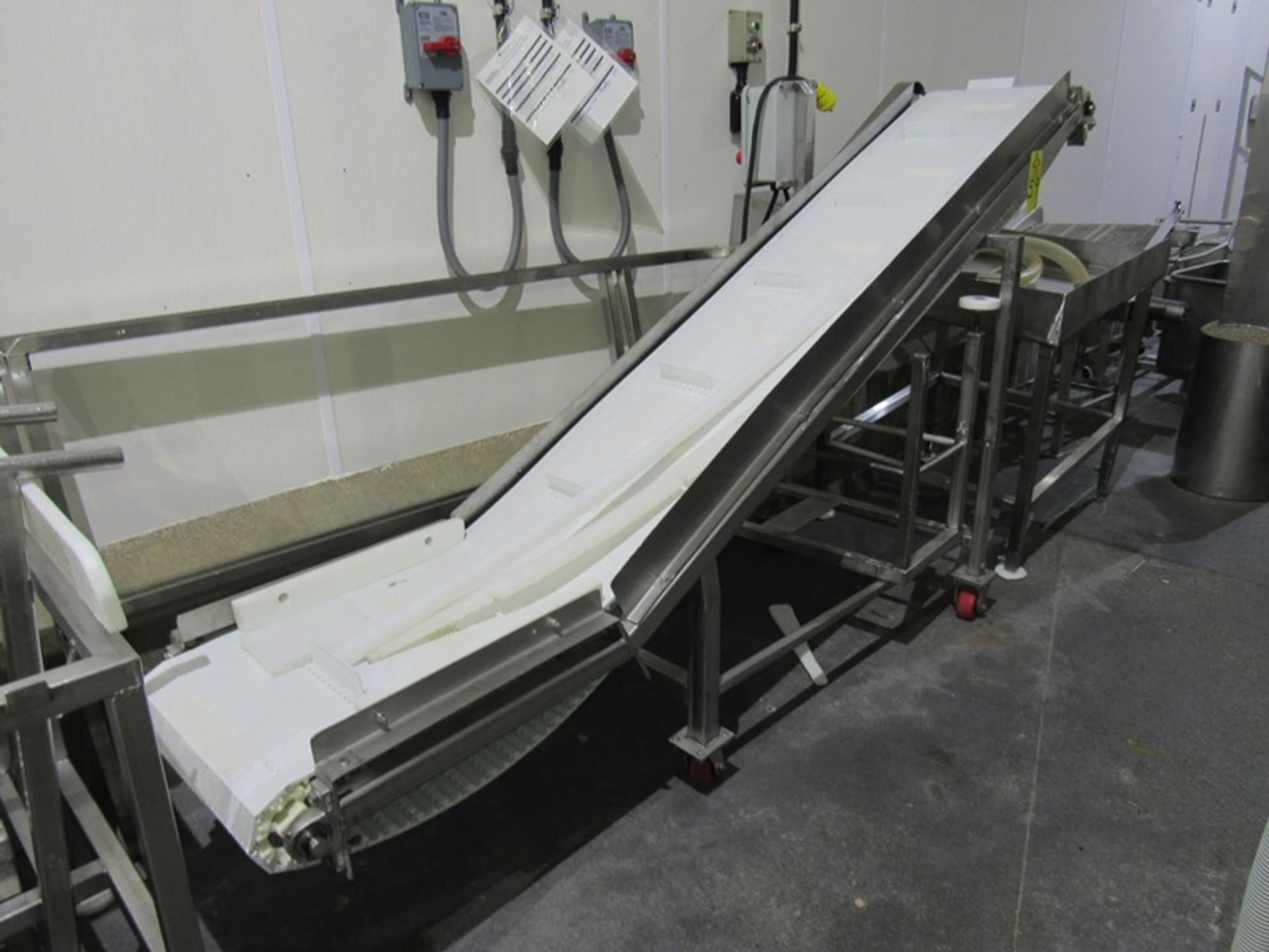 Portable Stainless Steel Incline Conveyor, 18" W X 111' L flighted belt, 2" tall flights, spaced 16"