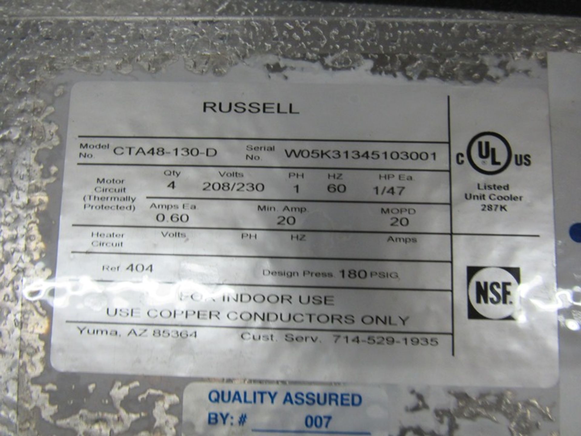 Russell Mdl. CTA48-130D 4-Fan Evaporator, Ser. #W05K31345103001 - Image 2 of 2