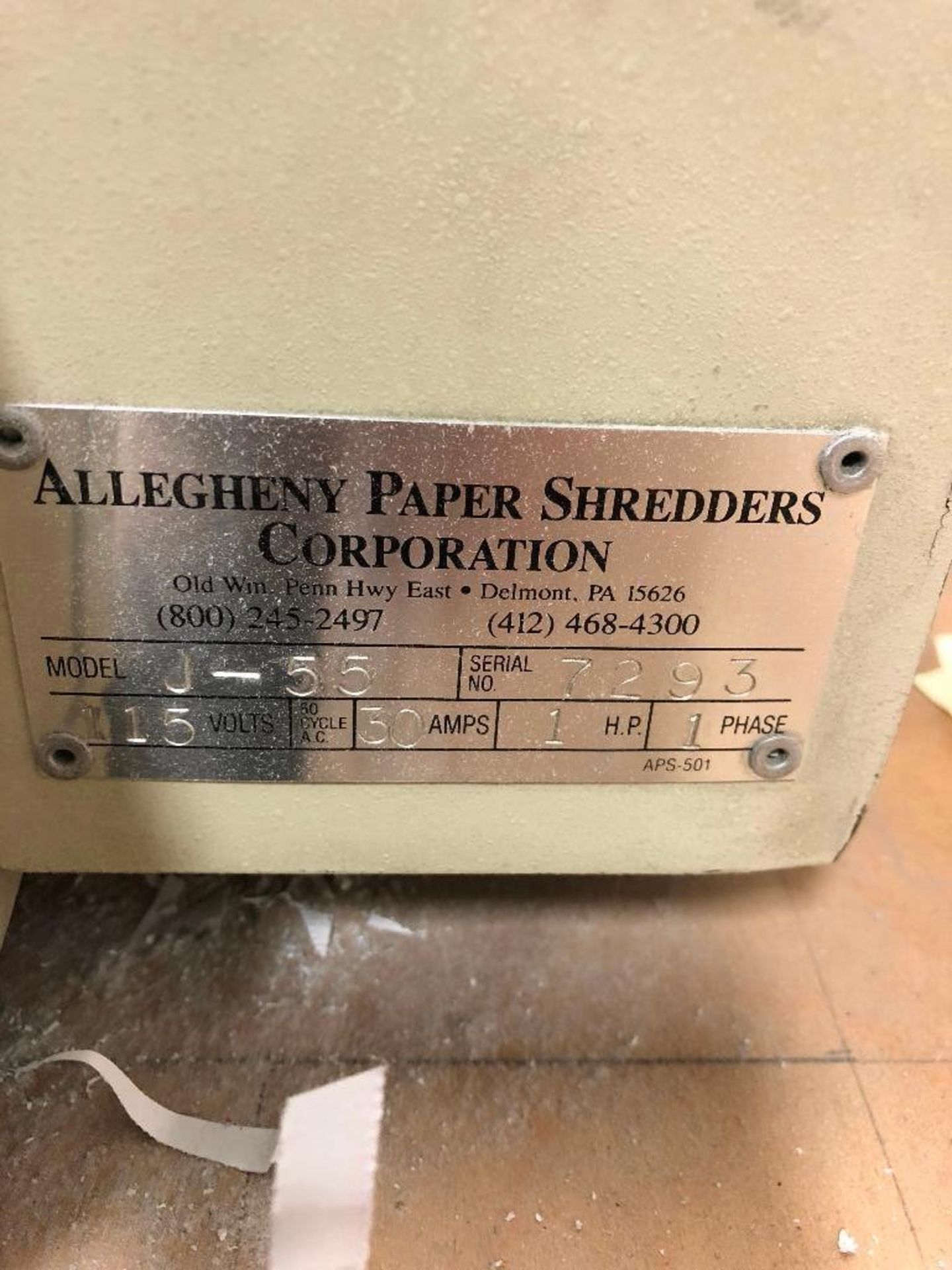 DESCRIPTION ALLEGHENY J-55 INDUSTRIAL PAPER SHREDDER W/ WOODEN STAND ON CASTERS BRAND/MODEL ALLEGHEN - Image 5 of 5