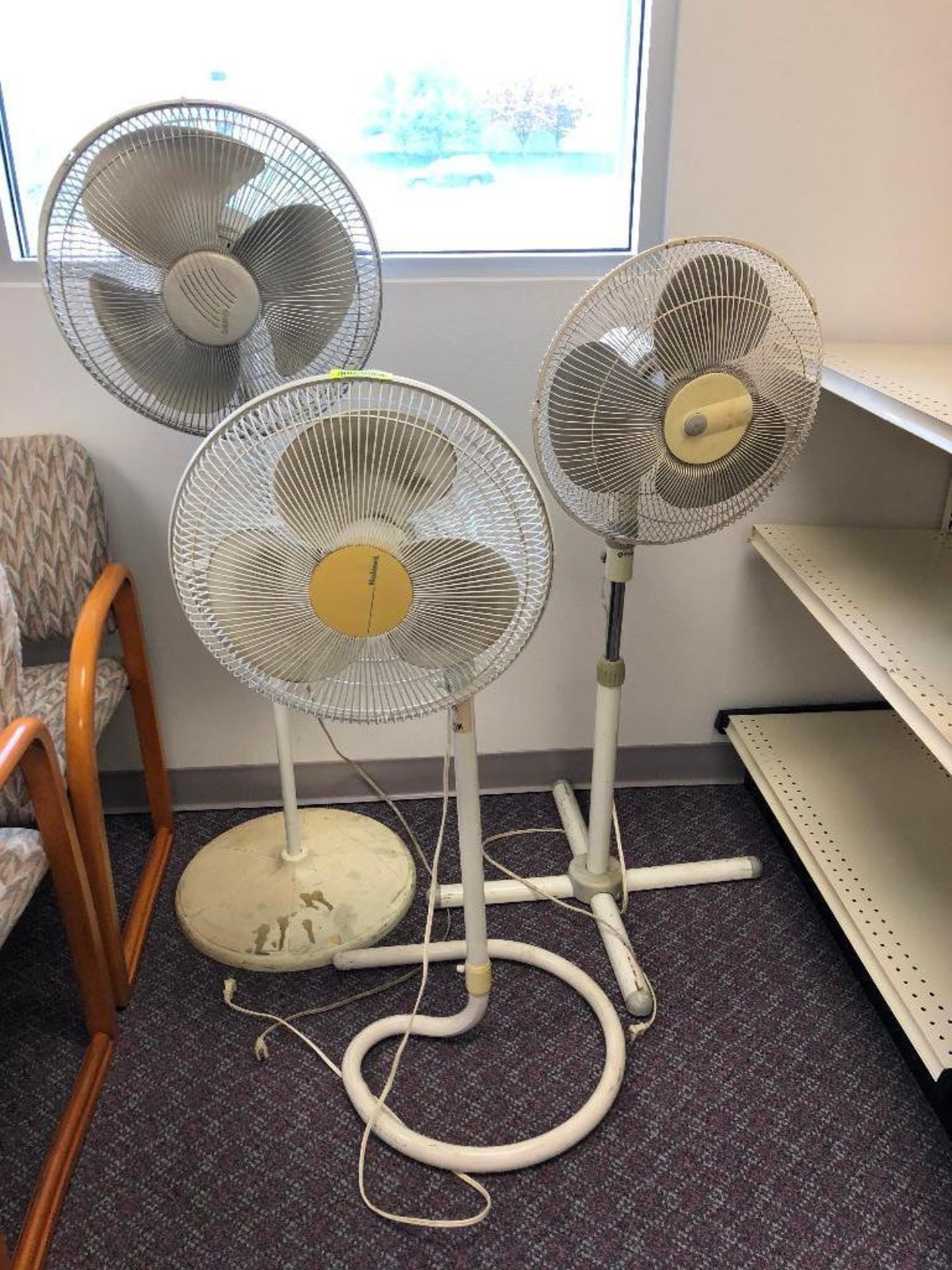 DESCRIPTION ASSORTED PEDESTAL FANS AS SHOWN LOCATION UPSTAIRS OFFICES THIS LOT IS ONE MONEY QUANTITY