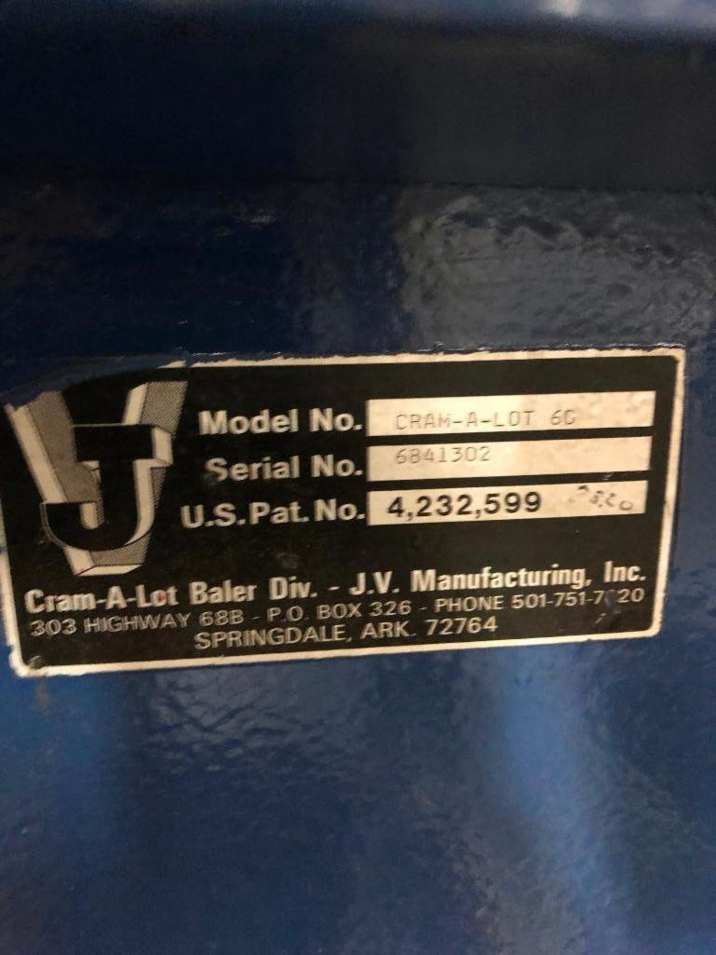 DESCRIPTION CRAM-A-LOT 6C BALER BRAND/MODEL J.V MANUFACTURING LOCATION WAREHOUSE: BAY 2 QUANTITY 1 - Image 5 of 5