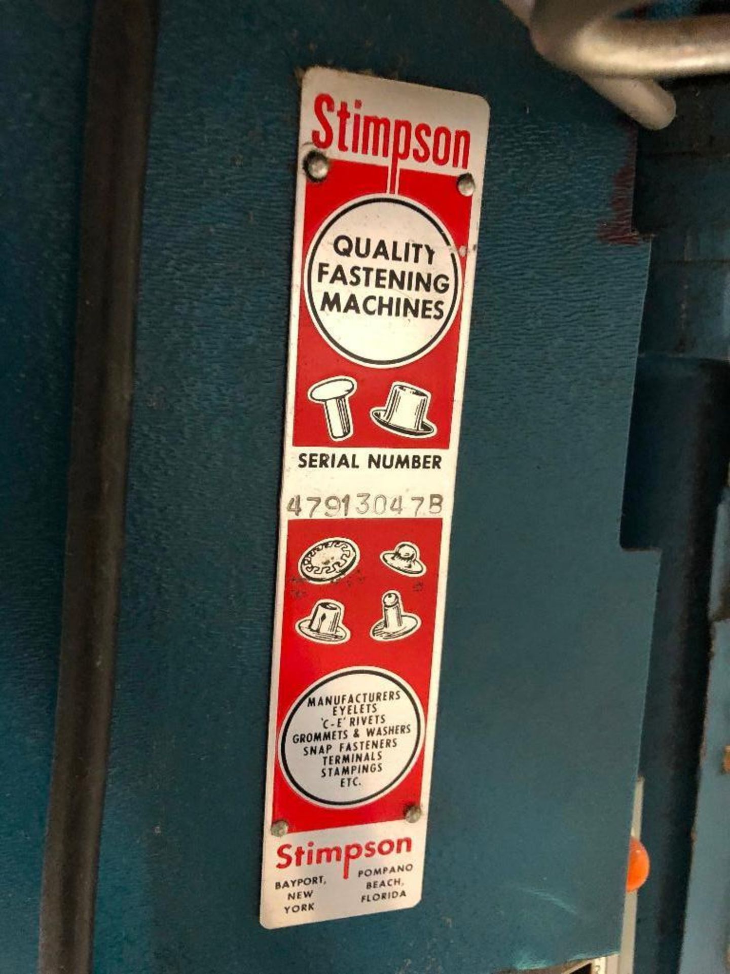 DESCRIPTION STIMPSON R1 RIVET/ GROMMET PRESS BRAND/MODEL STIMPSON R1 LOCATION WAREHOUSE: BAY 1 QUANT - Image 8 of 8