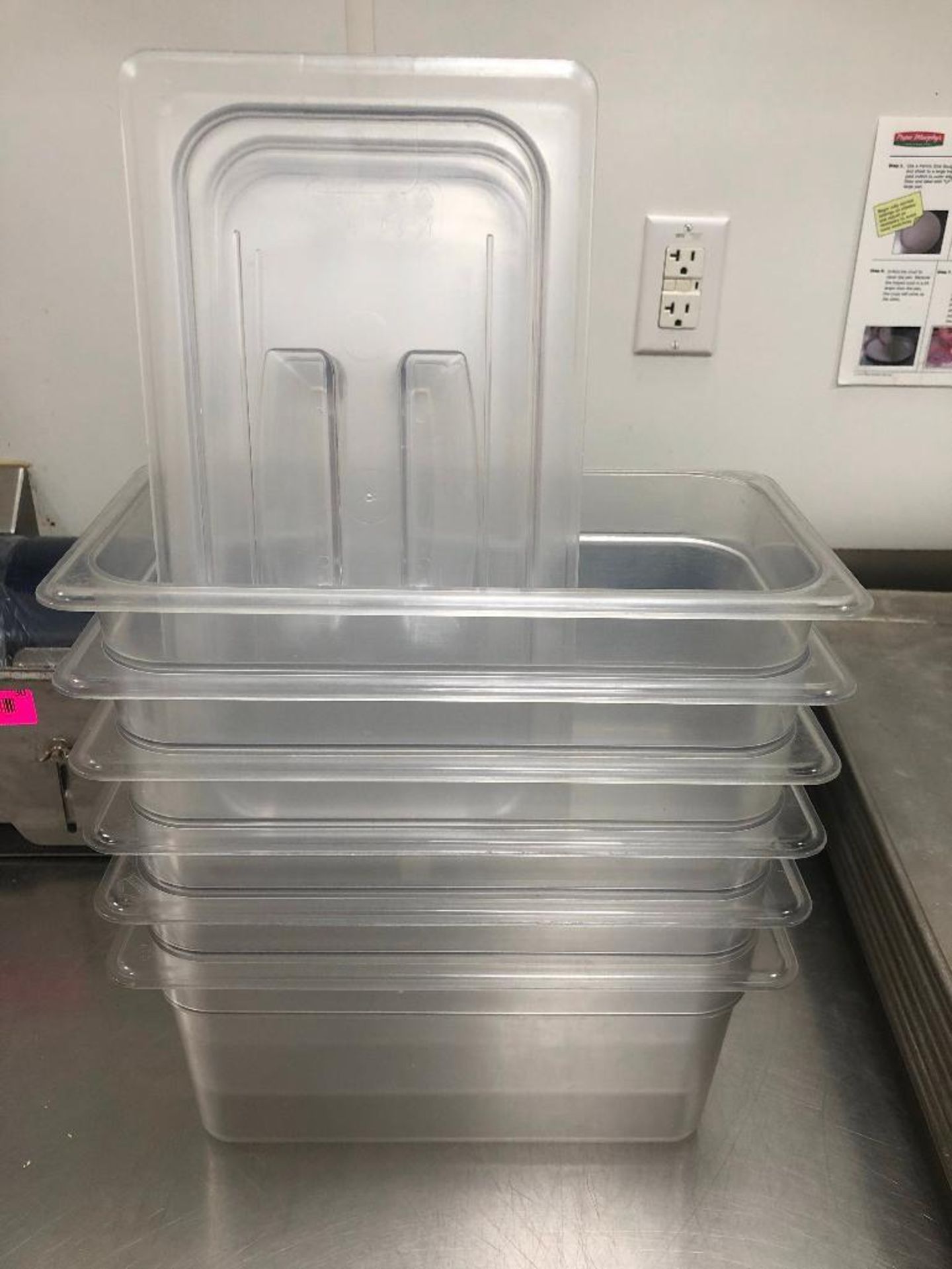 DESCRIPTION: (6) 1/3 SIZE PLASTIC CONTAINERS W/ LIDS. SIZE: 6" DEEP LOCATION: KITCHEN THIS LOT IS: S