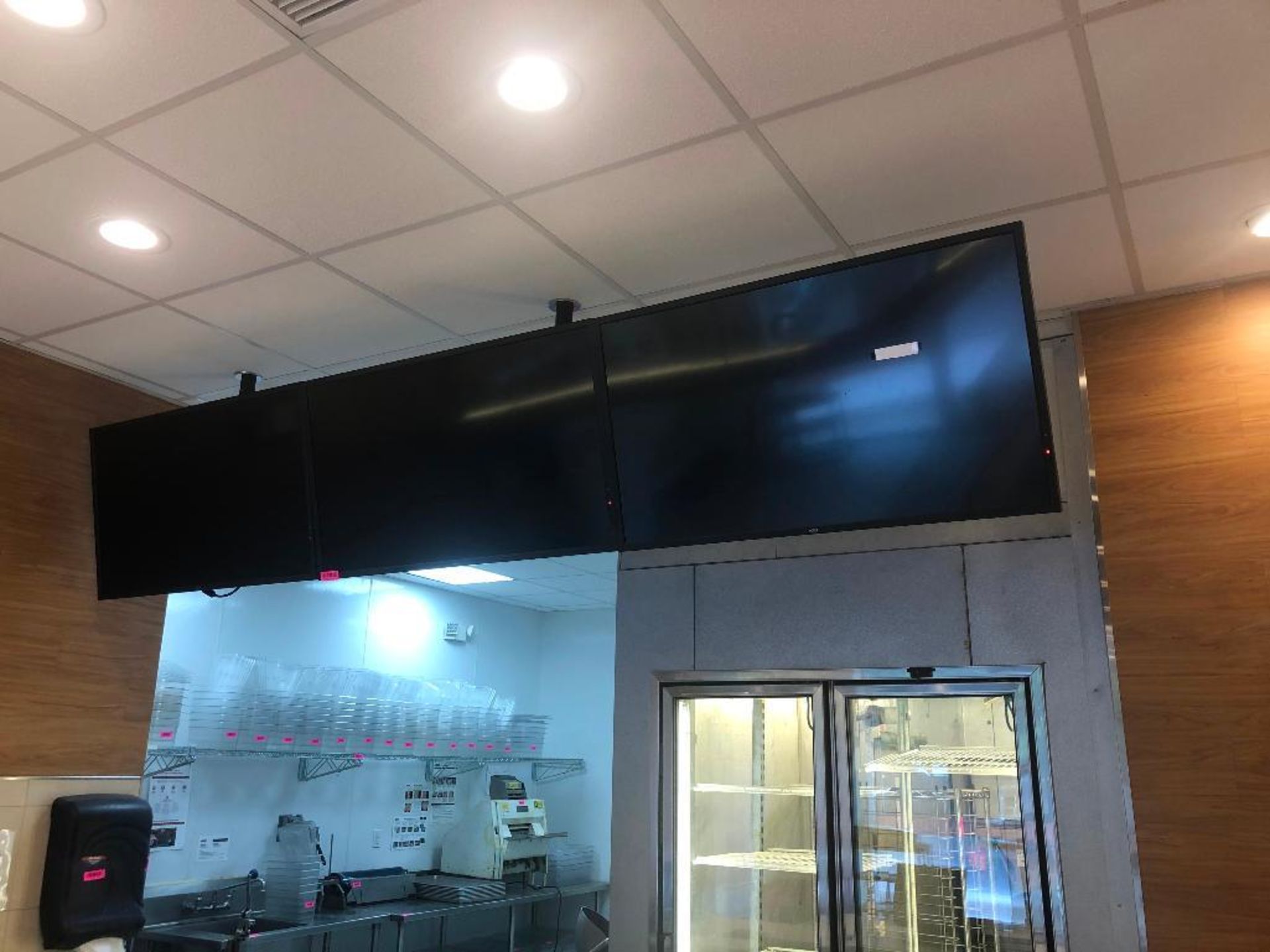 DESCRIPTION: (3) NEC 45" FLAT SCREEN MENU SCREENS W/ CEILING MOUNT BRAND / MODEL: NEC LOCATION: KITC