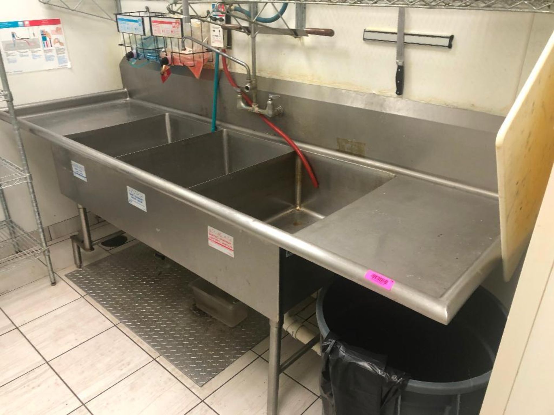 DESCRIPTION: 102" X 34" THREE WELL STAINLESS POT SINK W/ LEFT AND RIGHT DRY BOARDS. ADDITIONAL INFOR