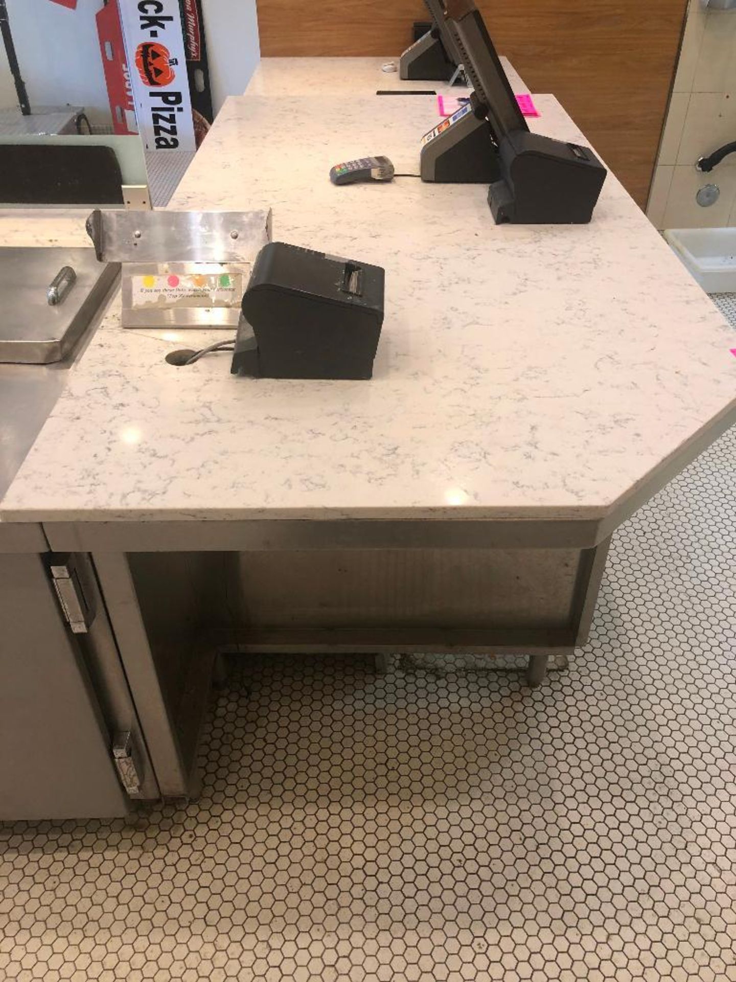 DESCRIPTION: 40" X 118" STAINLESS SALES COUNTER W/ 40" X 38" WHITE GRANITE TOP SIZE: 40" X 118" LOCA - Image 8 of 8