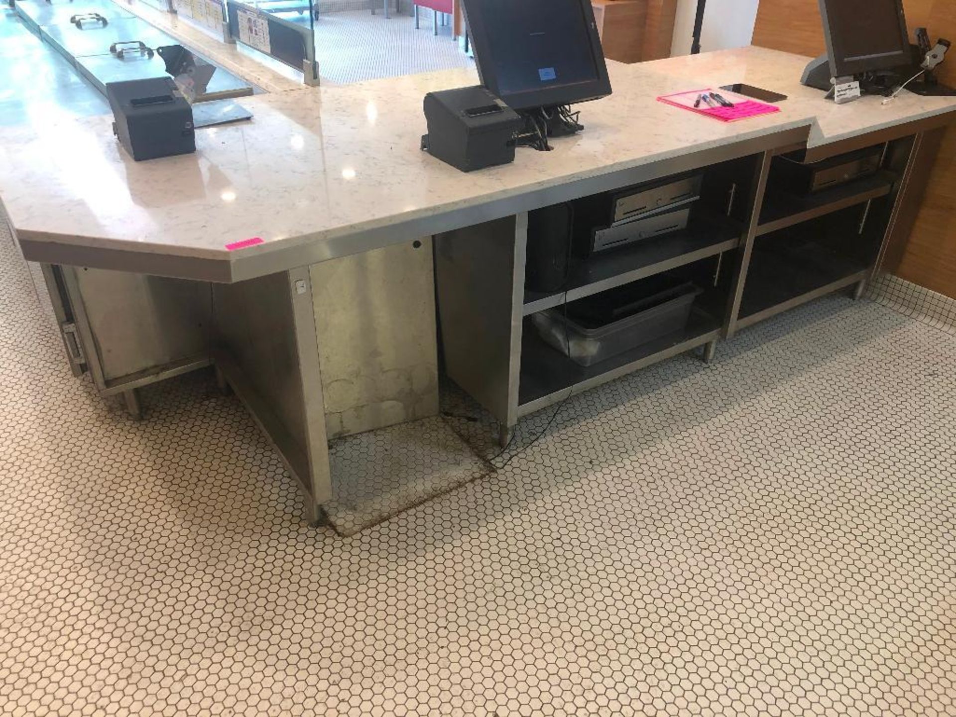 DESCRIPTION: 40" X 118" STAINLESS SALES COUNTER W/ 40" X 38" WHITE GRANITE TOP SIZE: 40" X 118" LOCA