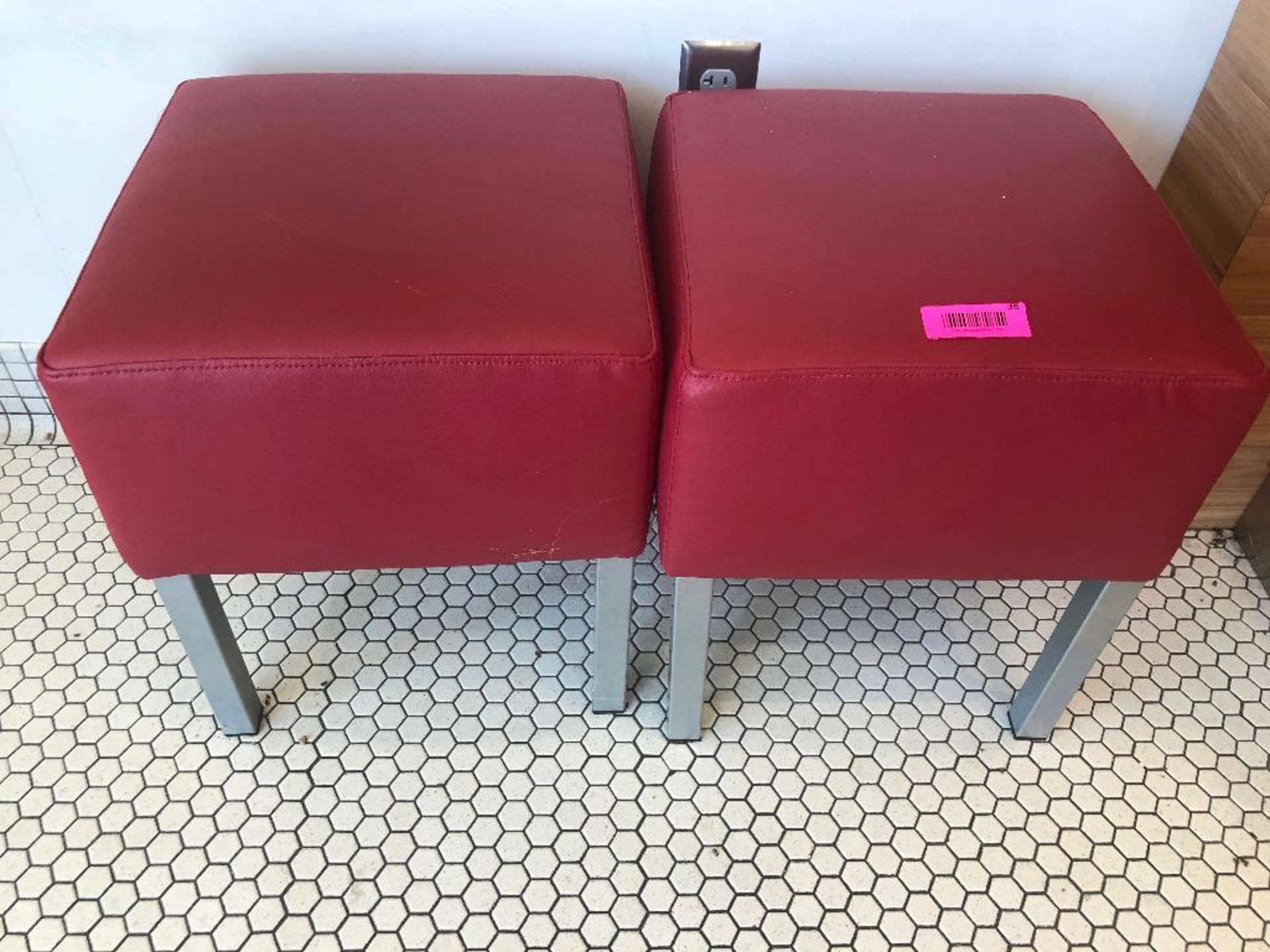 DESCRIPTION: (3) 14" X 14" RED VINYL SEAT CUSHIONS SIZE: 14" X 14" LOCATION: KITCHEN THIS LOT IS: SO