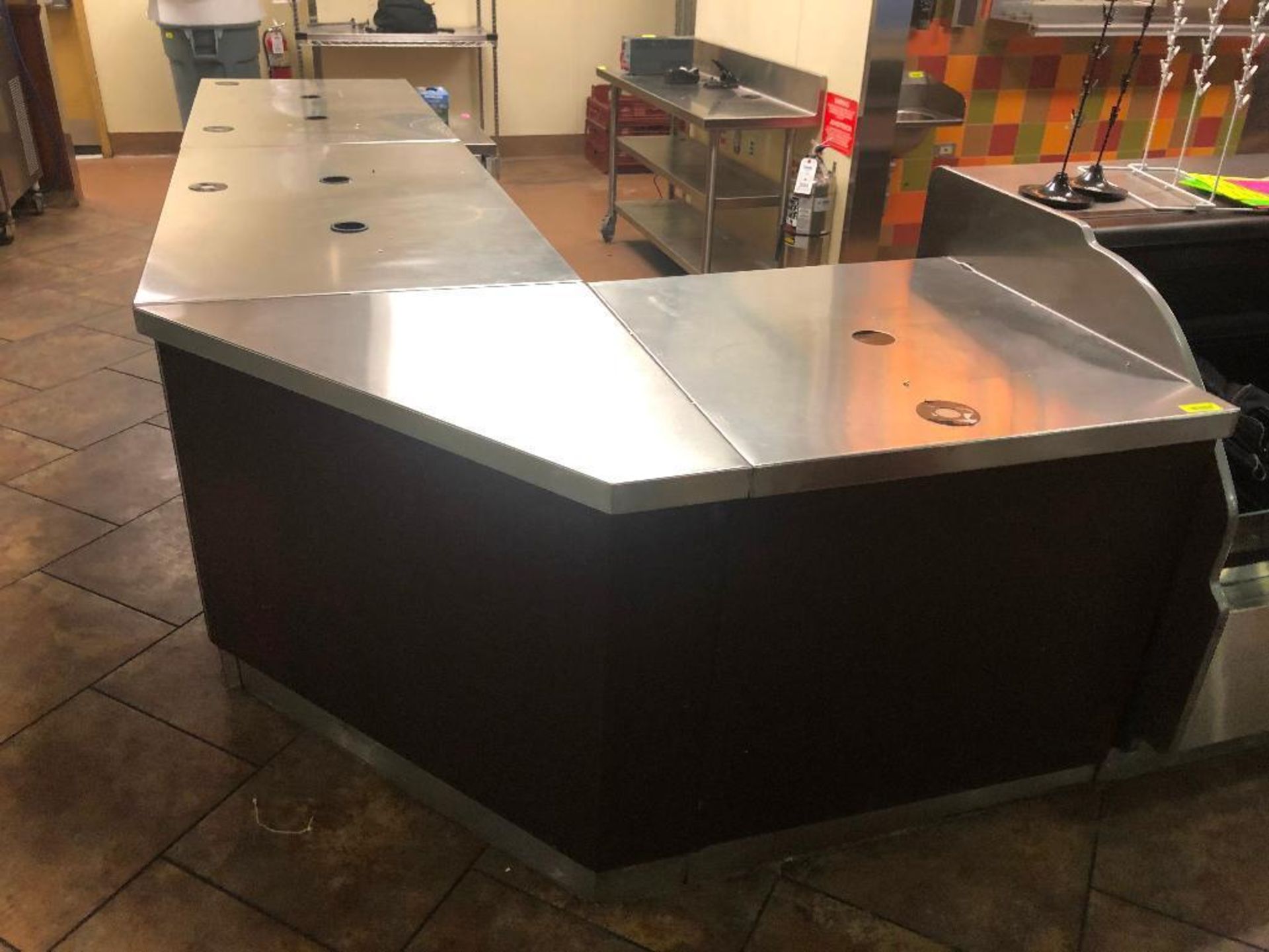 DESCRIPTION: 13' X 6' " L " SHAPED STAINLESS SALES COUNTER. ADDITIONAL INFORMATION: COMES APART IN (