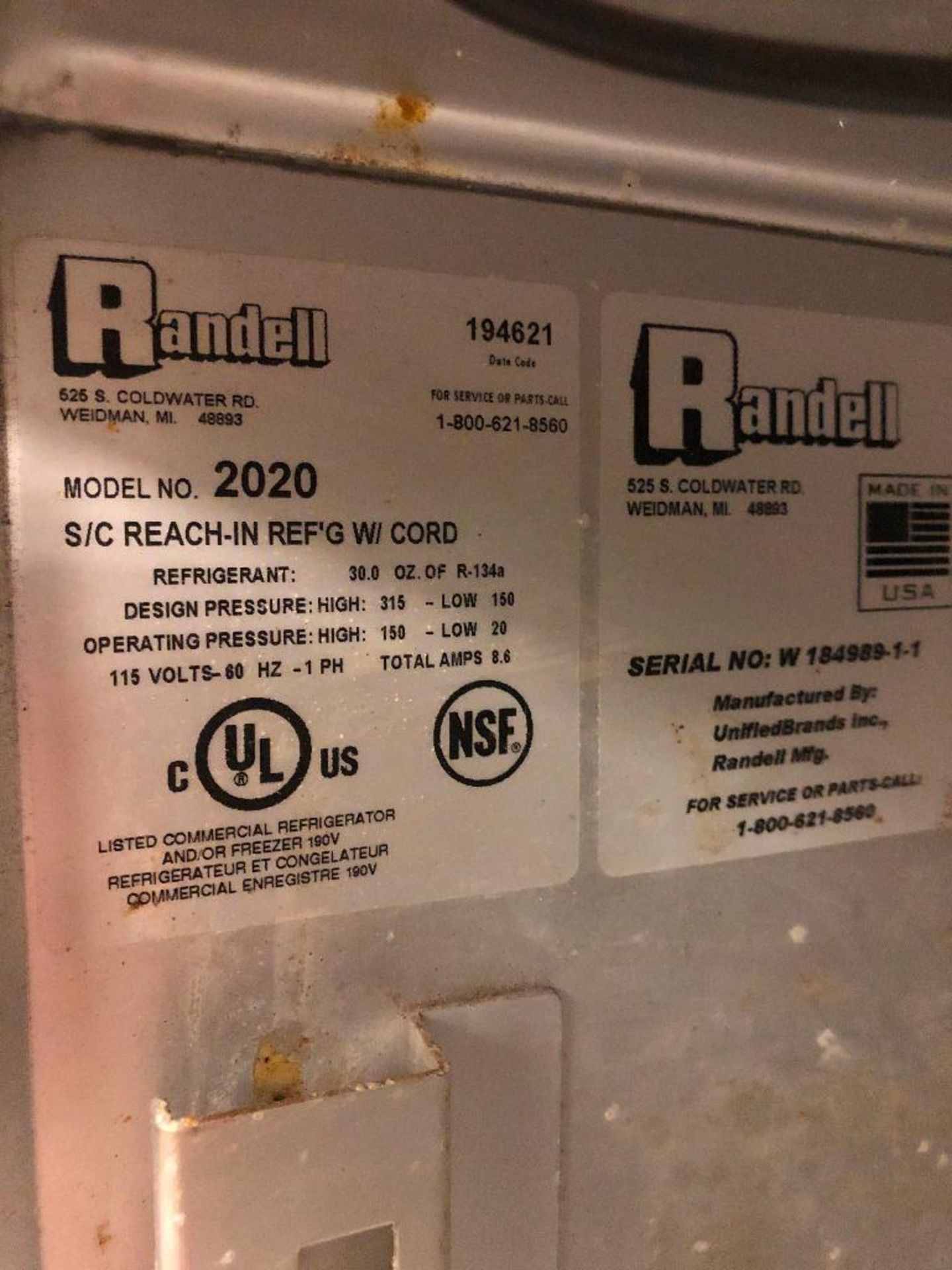 DESCRIPTION: RANDELL MODEL 2020 TWO DOOR REACH IN COOLER. BRAND / MODEL: RANDELL 2020 ADDITIONAL INF - Image 3 of 3