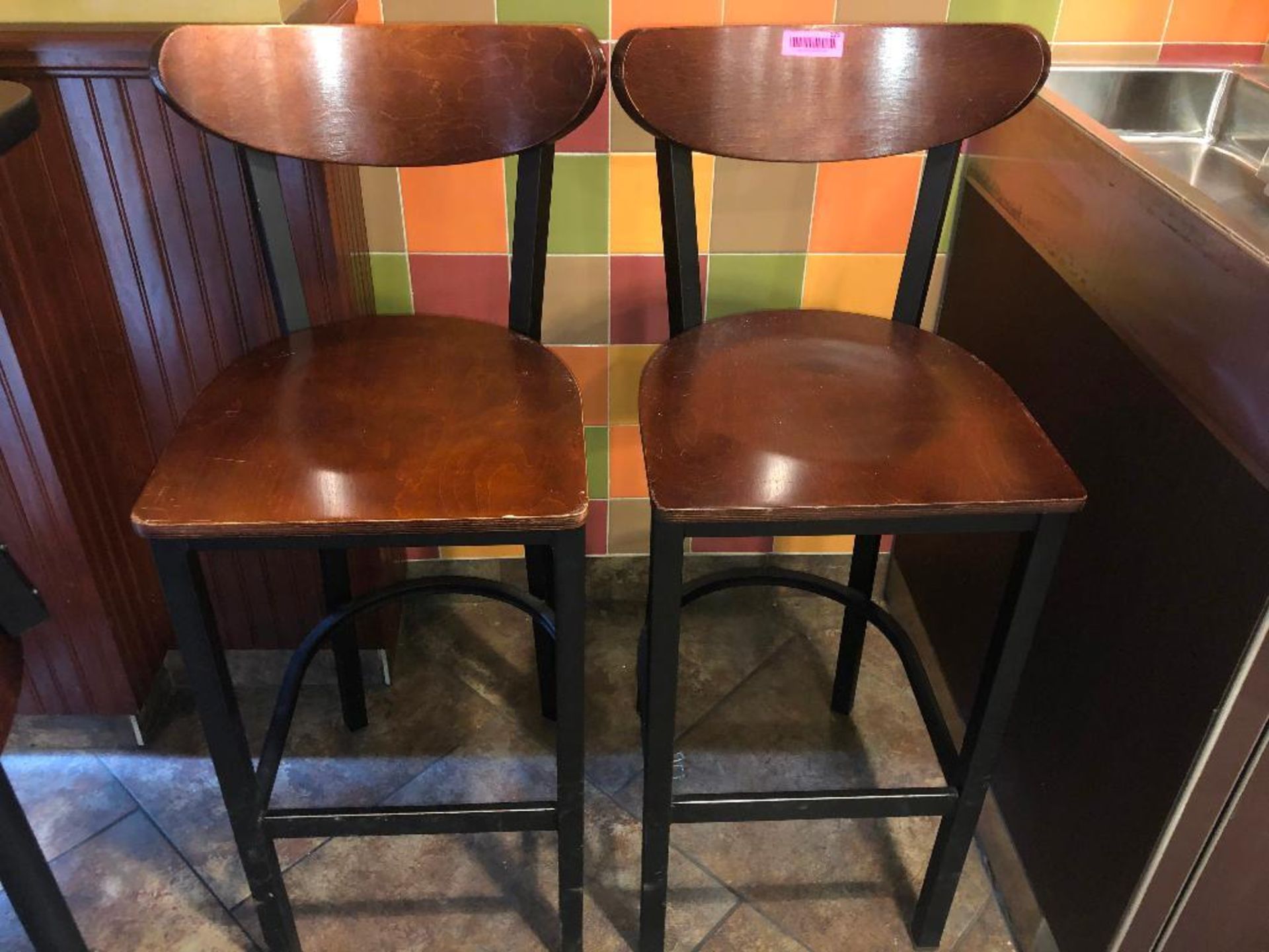 DESCRIPTION: (2) 30" METAL FRAMED BAR STOOLS W/ WOODEN SEATS BRAND / MODEL: WALSH AND SIMMONS SIZE: - Image 2 of 3