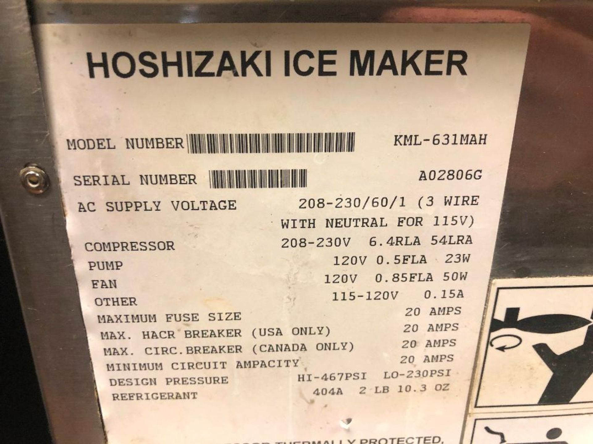 DESCRIPTION: HOSHIZAKI 630 LB. AIR COOLED ICE HEAD WITH STORAGE BIN. BRAND / MODEL: HOSHIZAKI KML-63 - Image 3 of 3