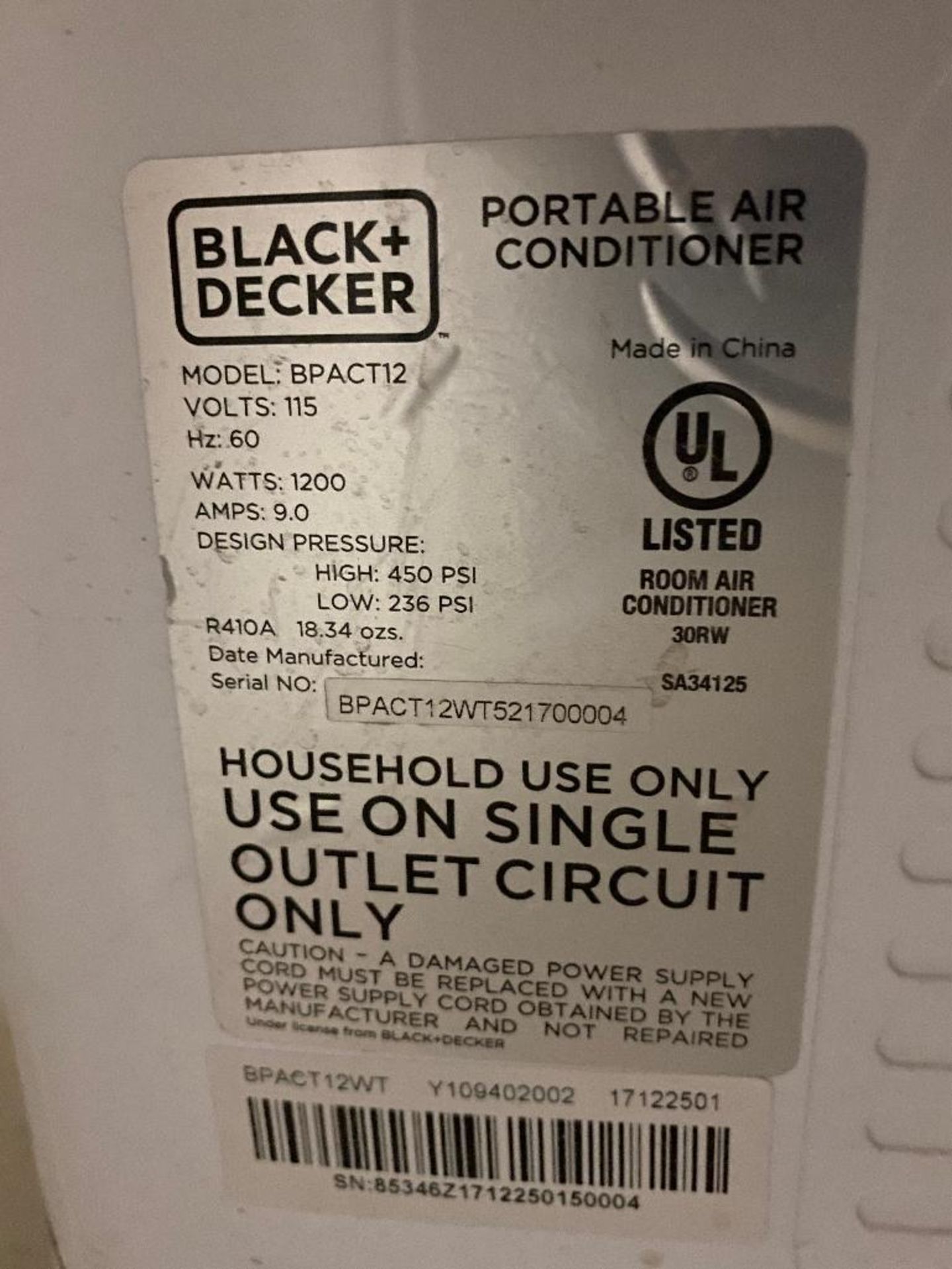 DESCRIPTION BLACK + DECKER 12,000 PORTABLE AIR CONDITIONER-WHITE BRAND/MODEL BLACK+DECKER BPACT12WT - Image 4 of 4