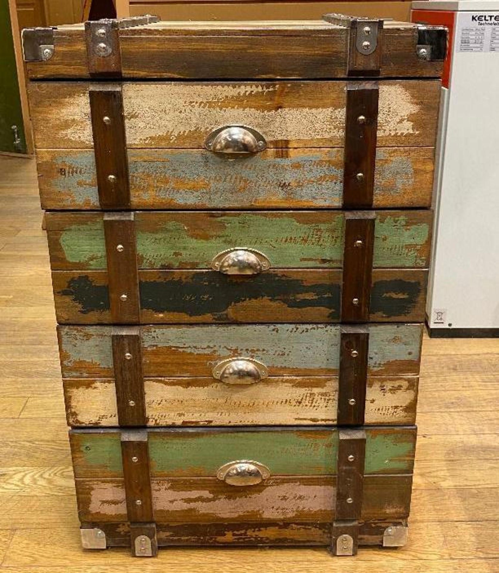 DESCRIPTION (2) VINTAGE STYLE 4-DRAWER WOODEN CHEST SIZE 20" X 14" X 32" LOCATION MAIN LOBBY THIS LO