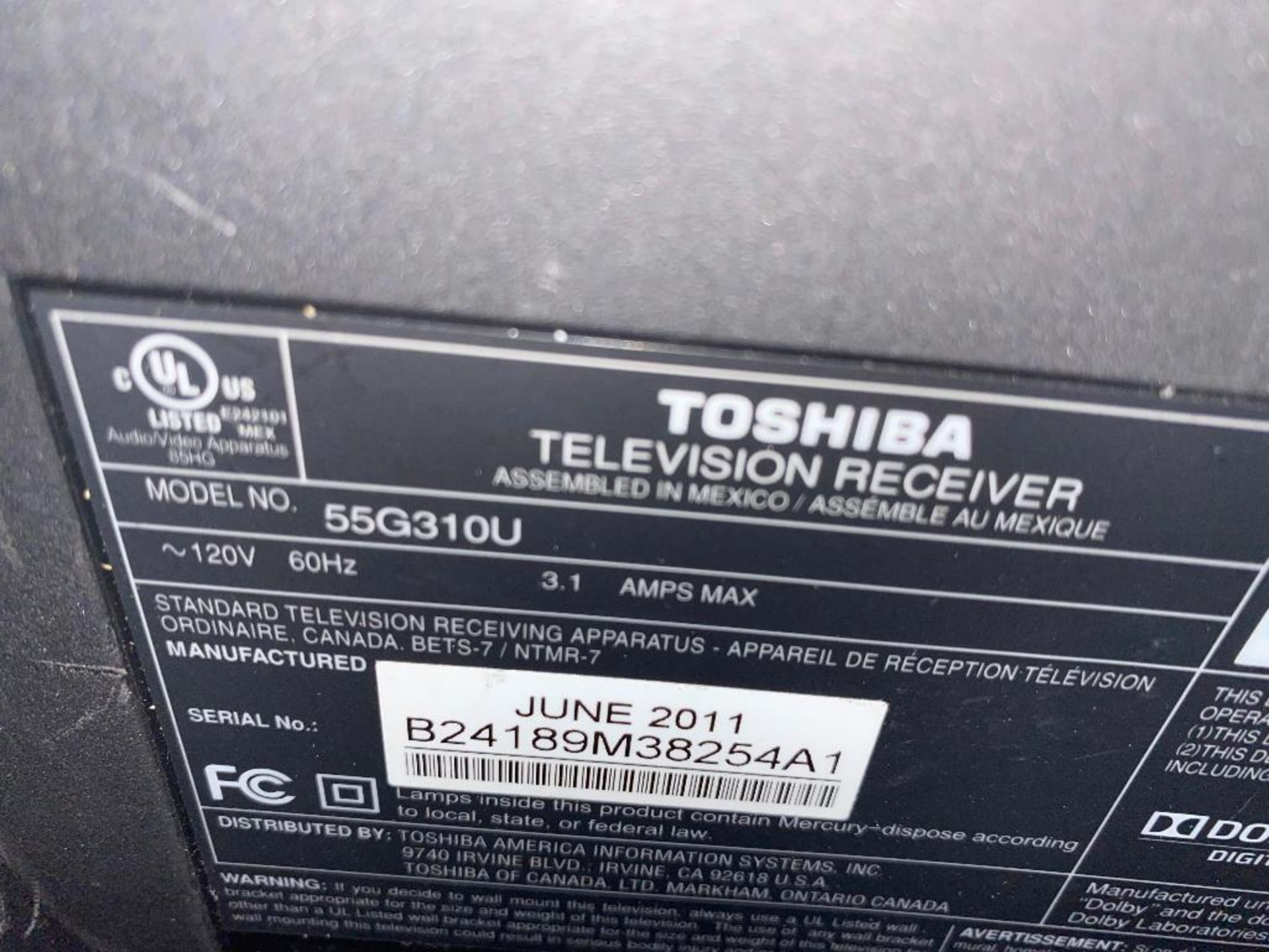 DESCRIPTION (2) TOSHIBA 55" 1080P LCD TV W/ ROAD TRANSPORT CRATE BRAND/MODEL TOSHIBA 55G310U LOCATIO - Image 5 of 9