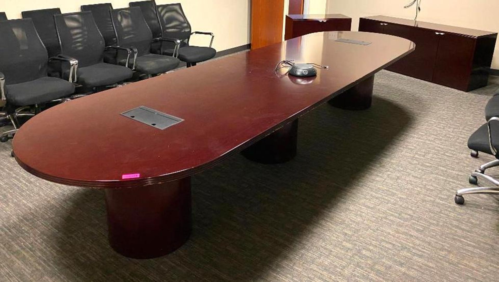 DESCRIPTION LARGE CONFERENCE TABLE WITH (2) MATCHING CABINETS SIZE SEE PHOTOS QUANTITY: X BID 1