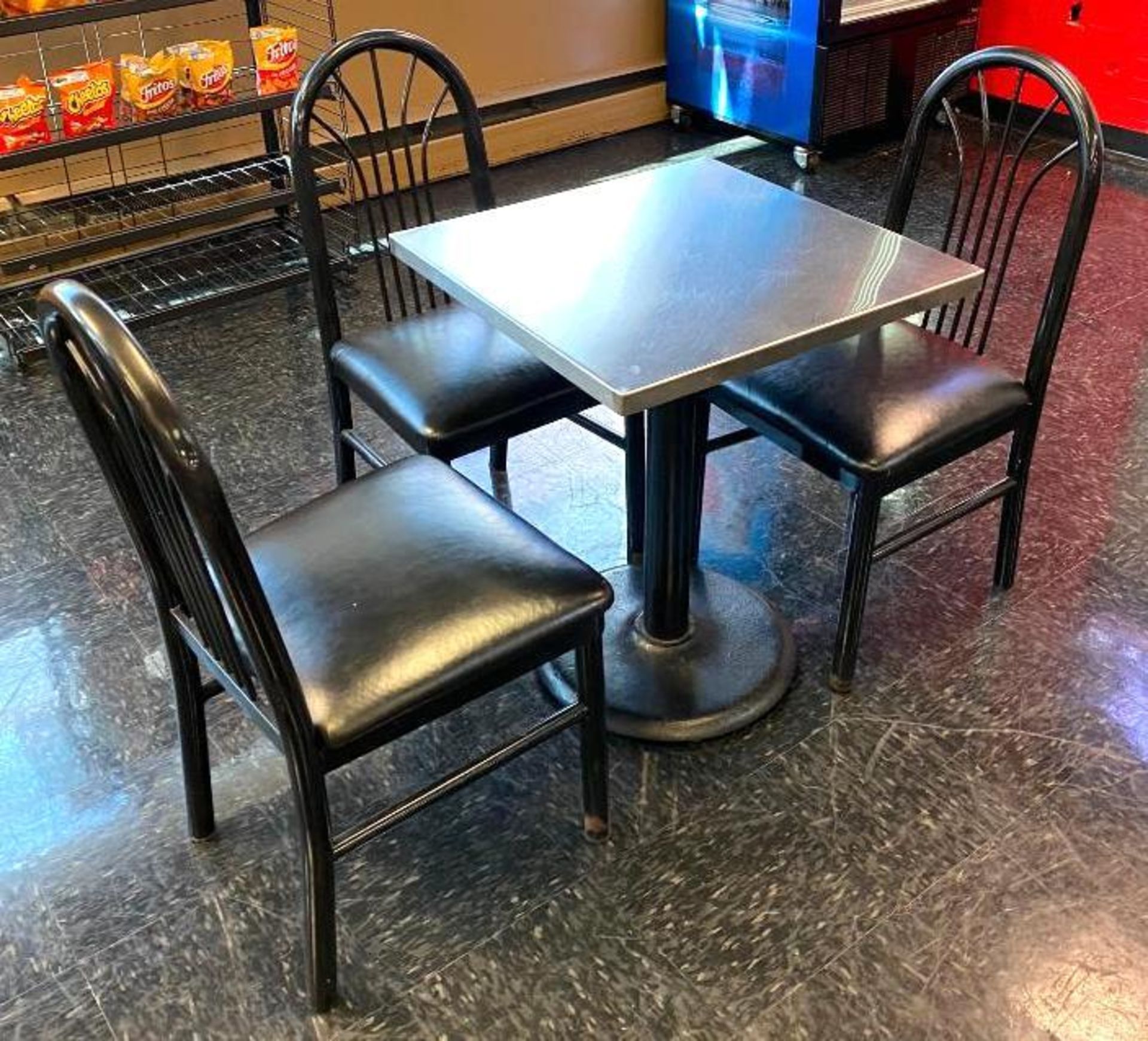 DESCRIPTION: STAINLESS TABLE WITH (3) DINING CHAIRS SIZE: 24"X24" THIS LOT IS: ONE MONEY QTY: 1