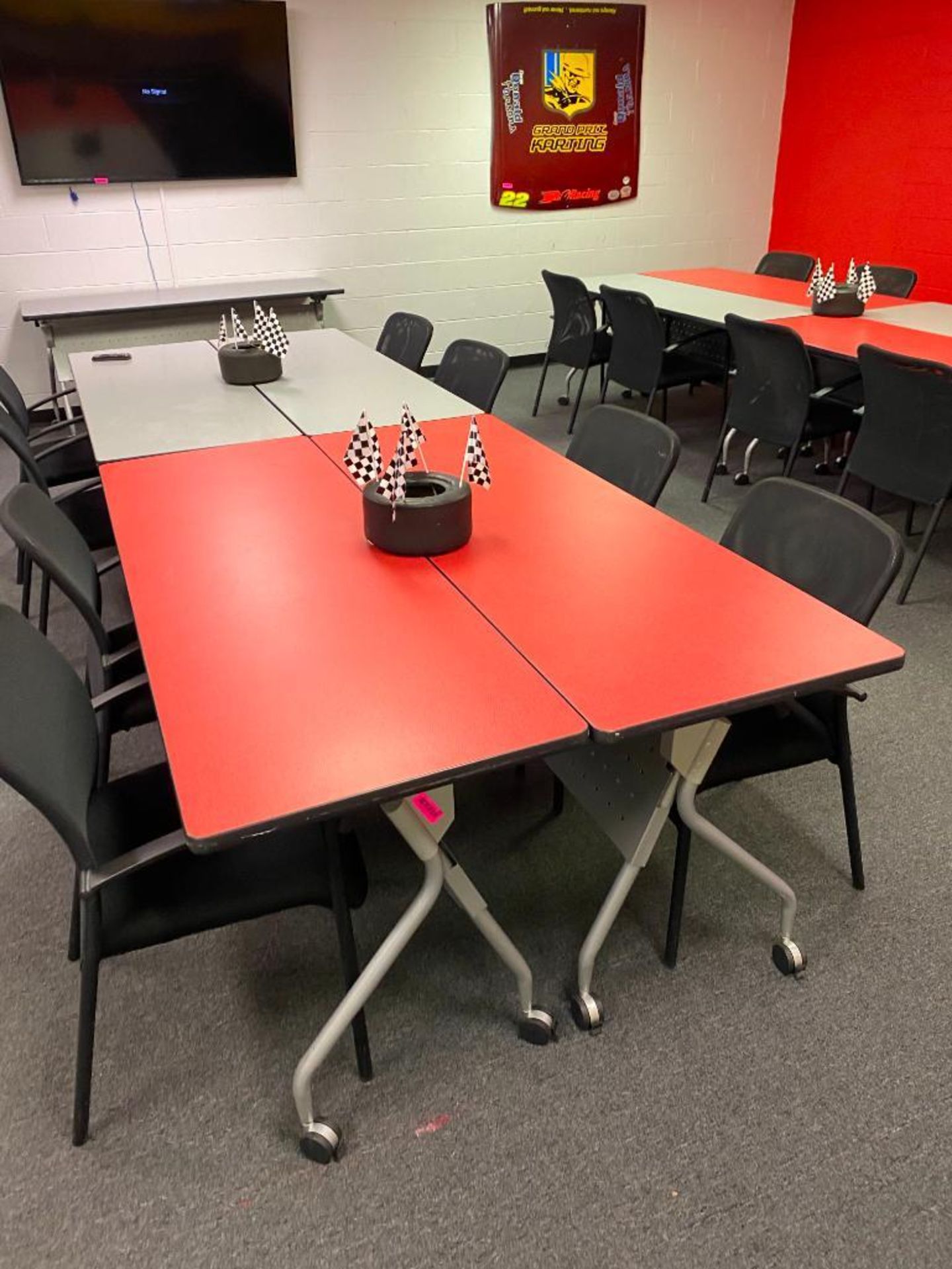 DESCRIPTION: (3) DINING TABLES WITH CASTERS ADDITIONAL INFORMATION: (2) RED, (1) GREY SIZE: 72"X24"