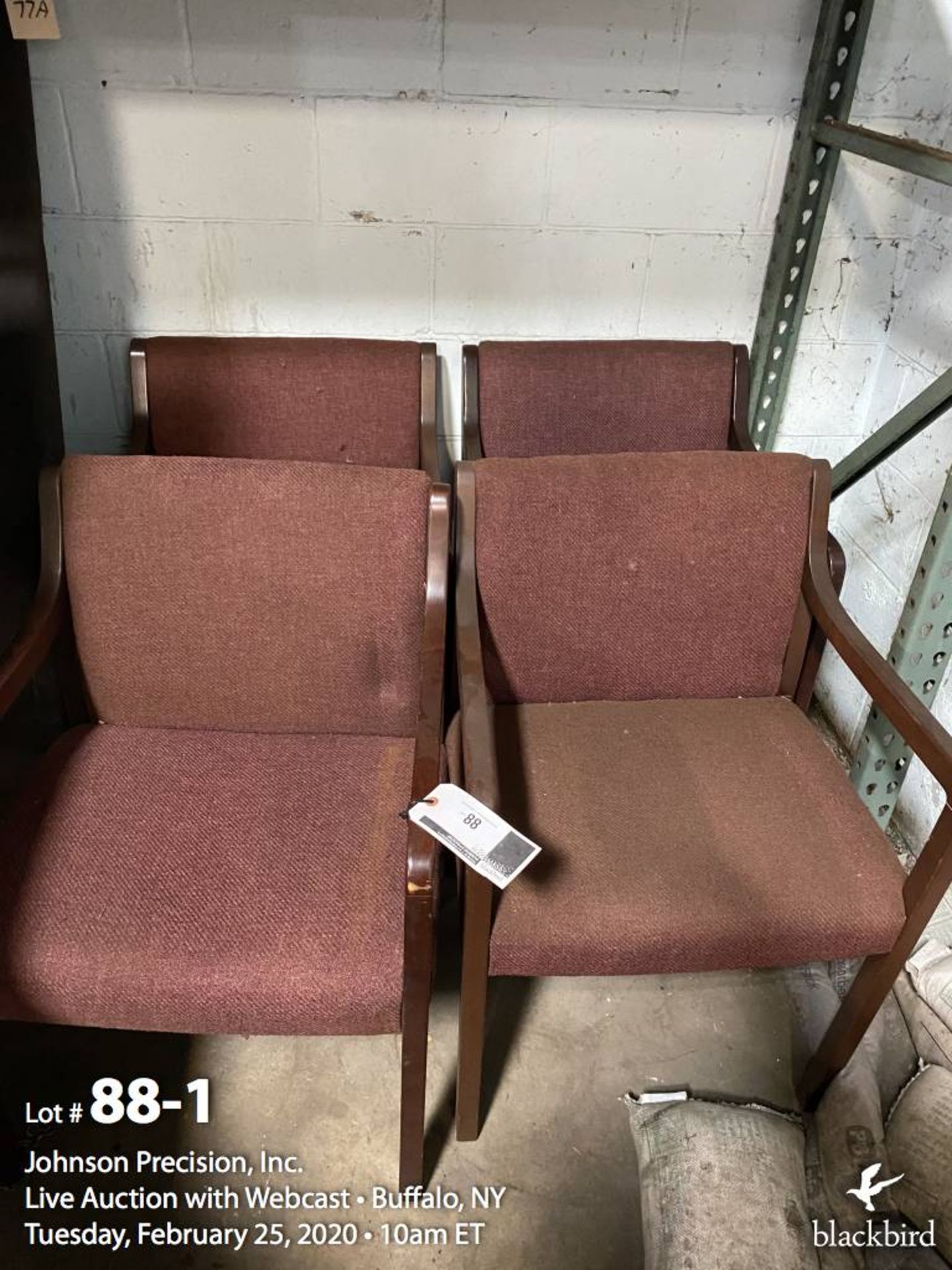 Lot- (4) Wooden frame, burgundy upholstered chairs