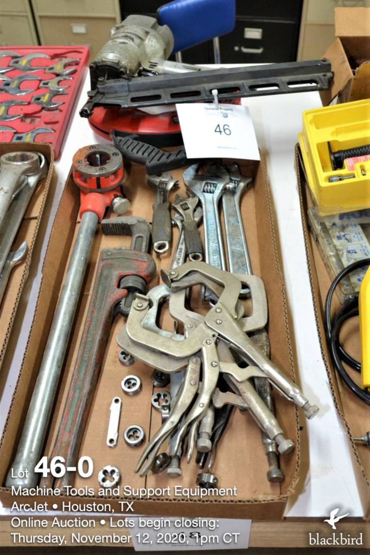 (Lot): Rigid drop head threader w/die, adjustable wrenches, 18 in pipe wrench, pneumatic Hitachi fra