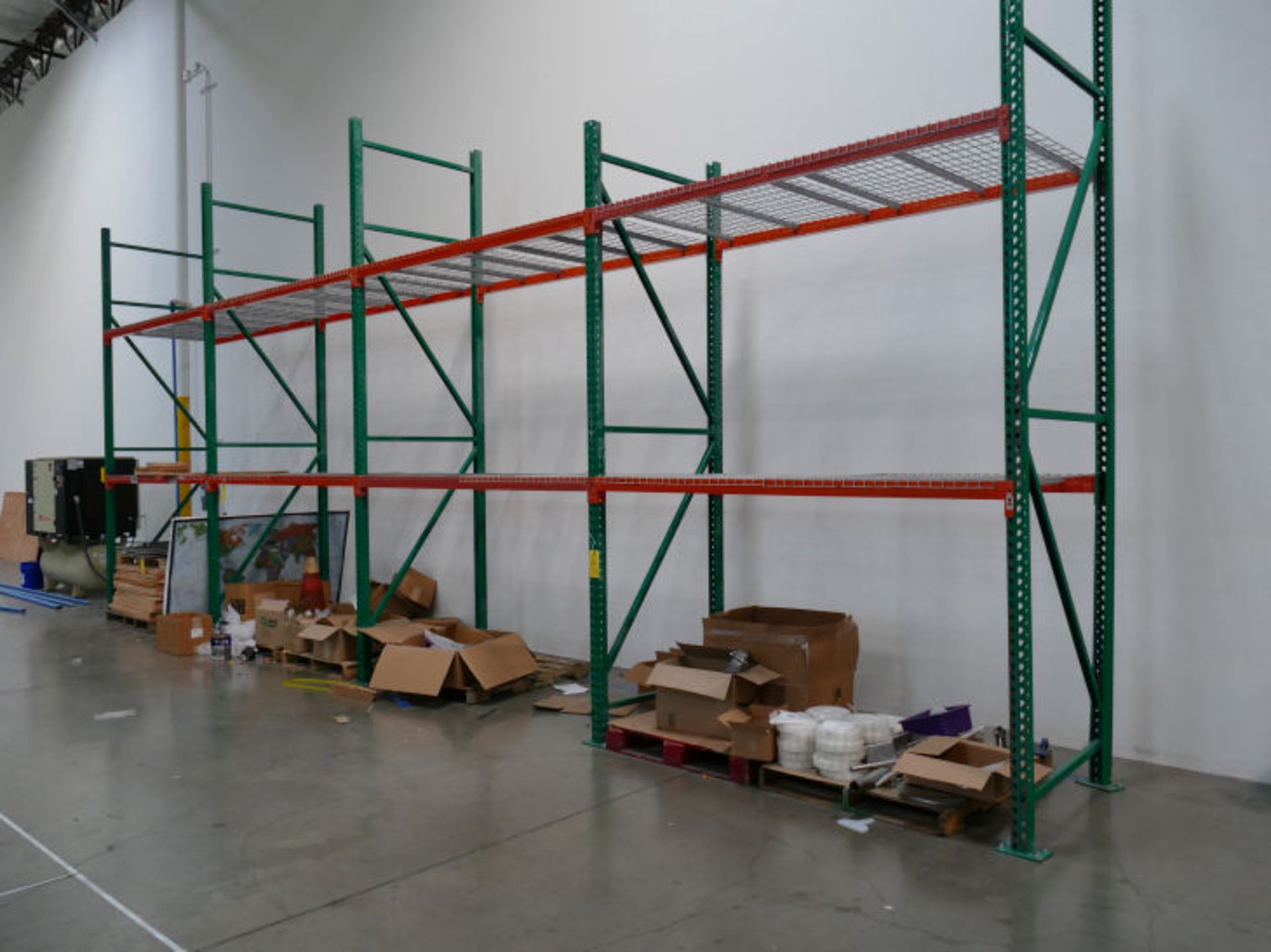 LOT - (4) SECTIONS OF PALLET RACKING, 8'Wx48"Dx12'H, W/ GRATES & PALLET OF 2X10 LUMBER FOR SHELVING