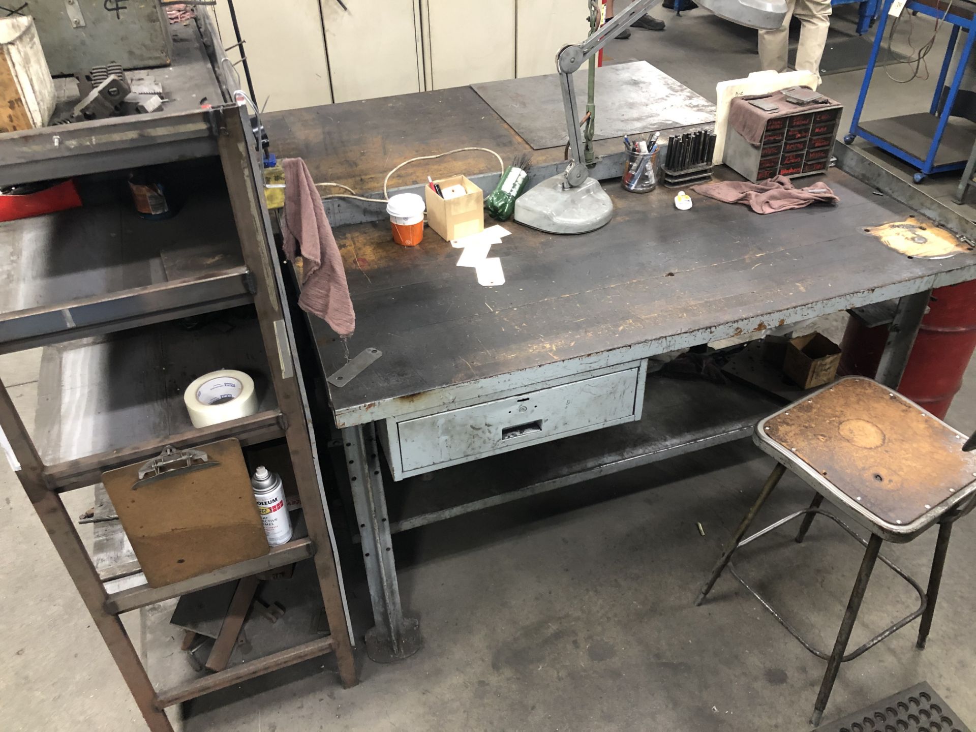 Entire Work Area/Storage Shelves, Contents Included 2 Work Desks and metal frame storage shelf - Image 4 of 5