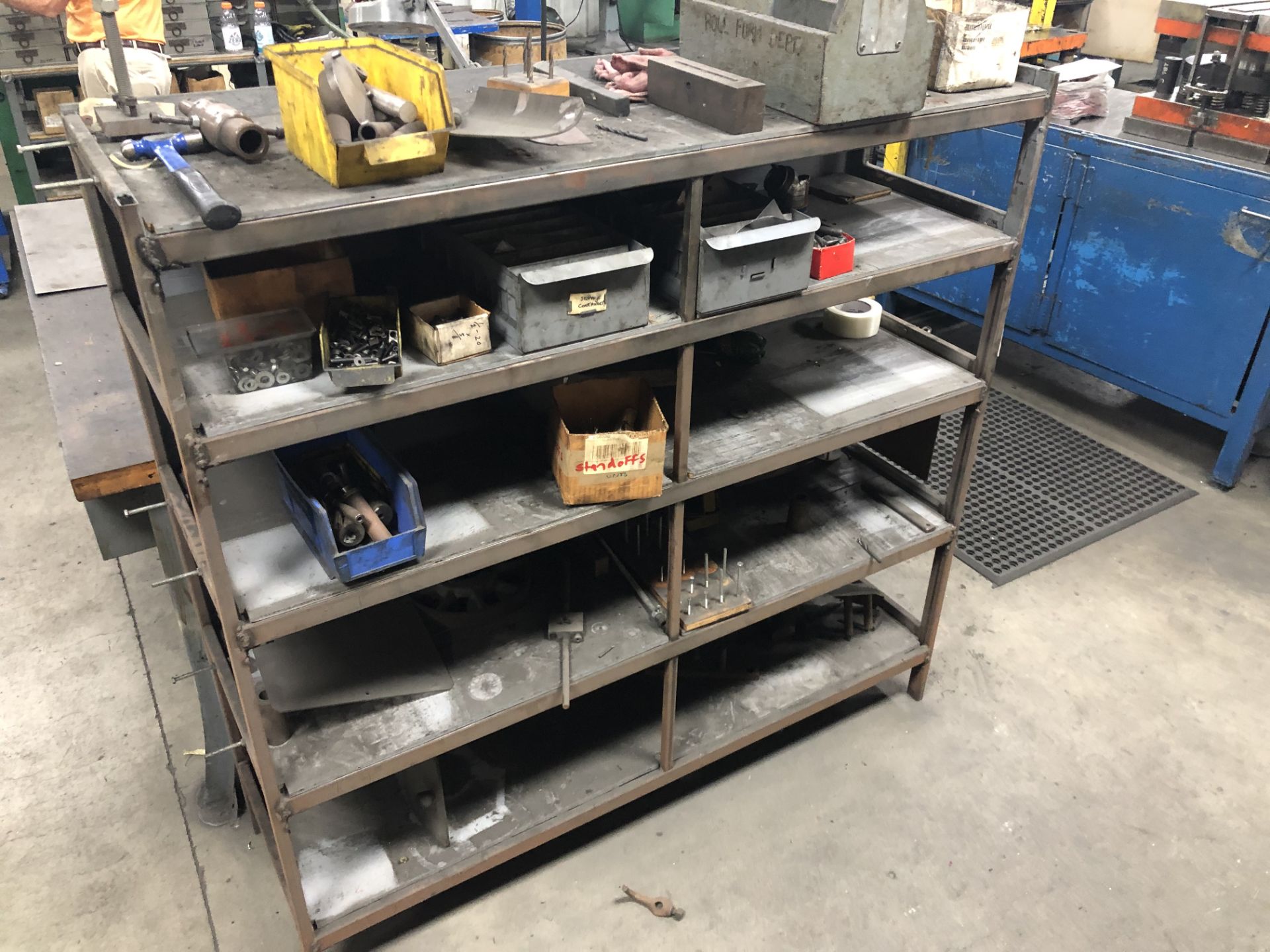 Entire Work Area/Storage Shelves, Contents Included 2 Work Desks and metal frame storage shelf - Image 3 of 5