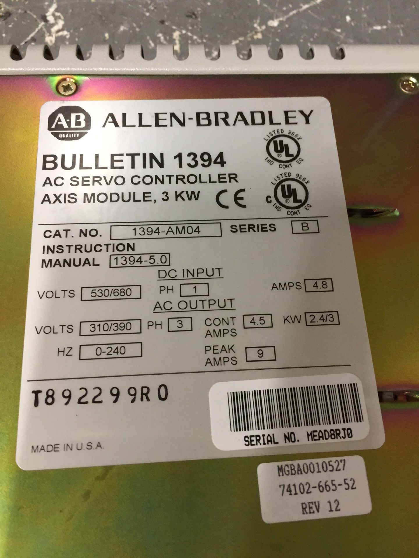 ALLEN-BRADLEY CAT: 1394-AM04_AC SERVO CONTROLLER AXIS MODULE, 3 KW - Image 4 of 4