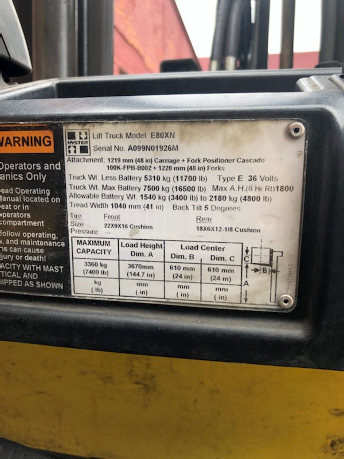 2013 HYSTER 8,000 LB CAPACITY ELECTRIC FORKLIFT MODEL E80XN - Image 2 of 6